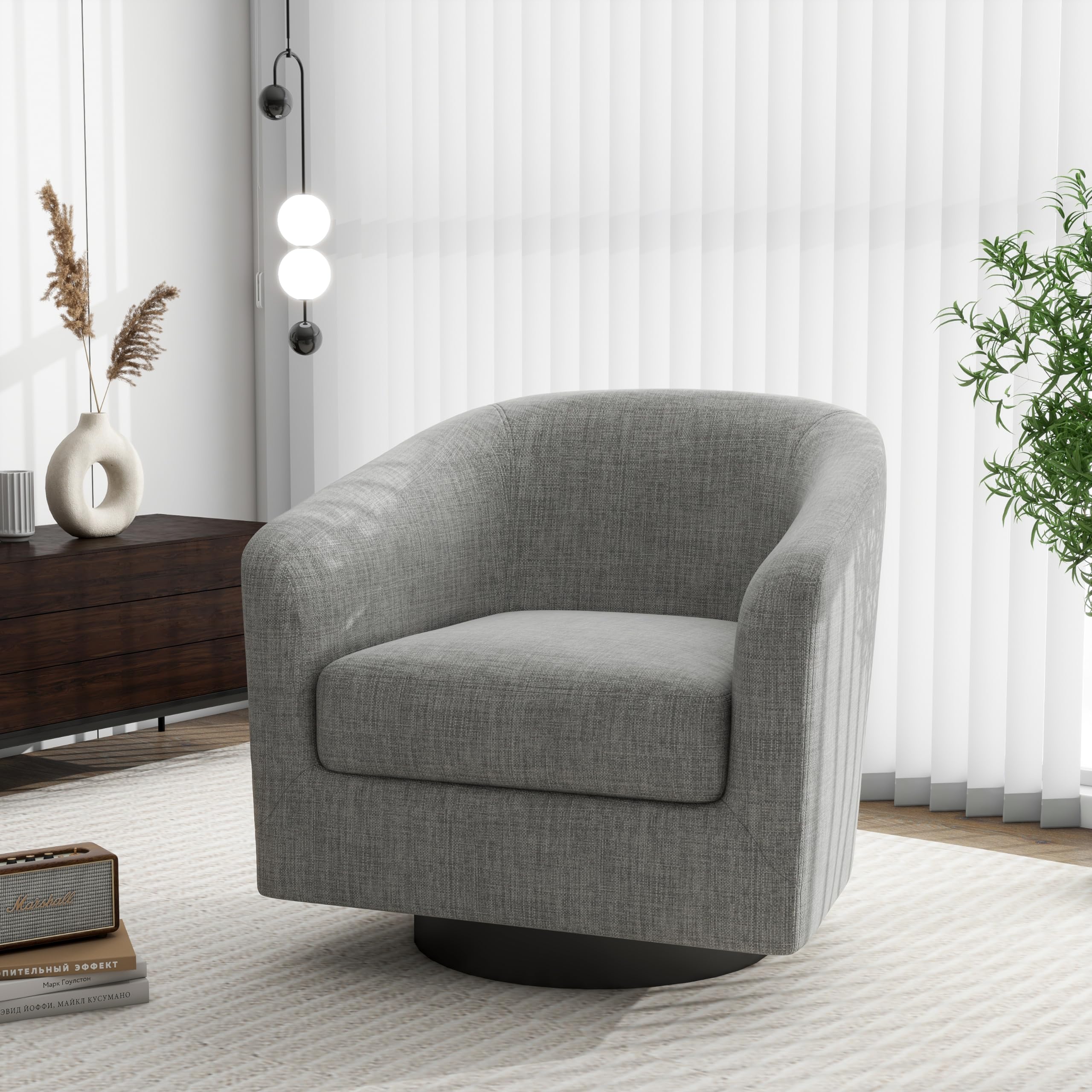 swivel barrel accent chair, modern round linen arm chair for living room, bedroom, comfy club reading chairs for adults?linen fabric, light grey, set of 1