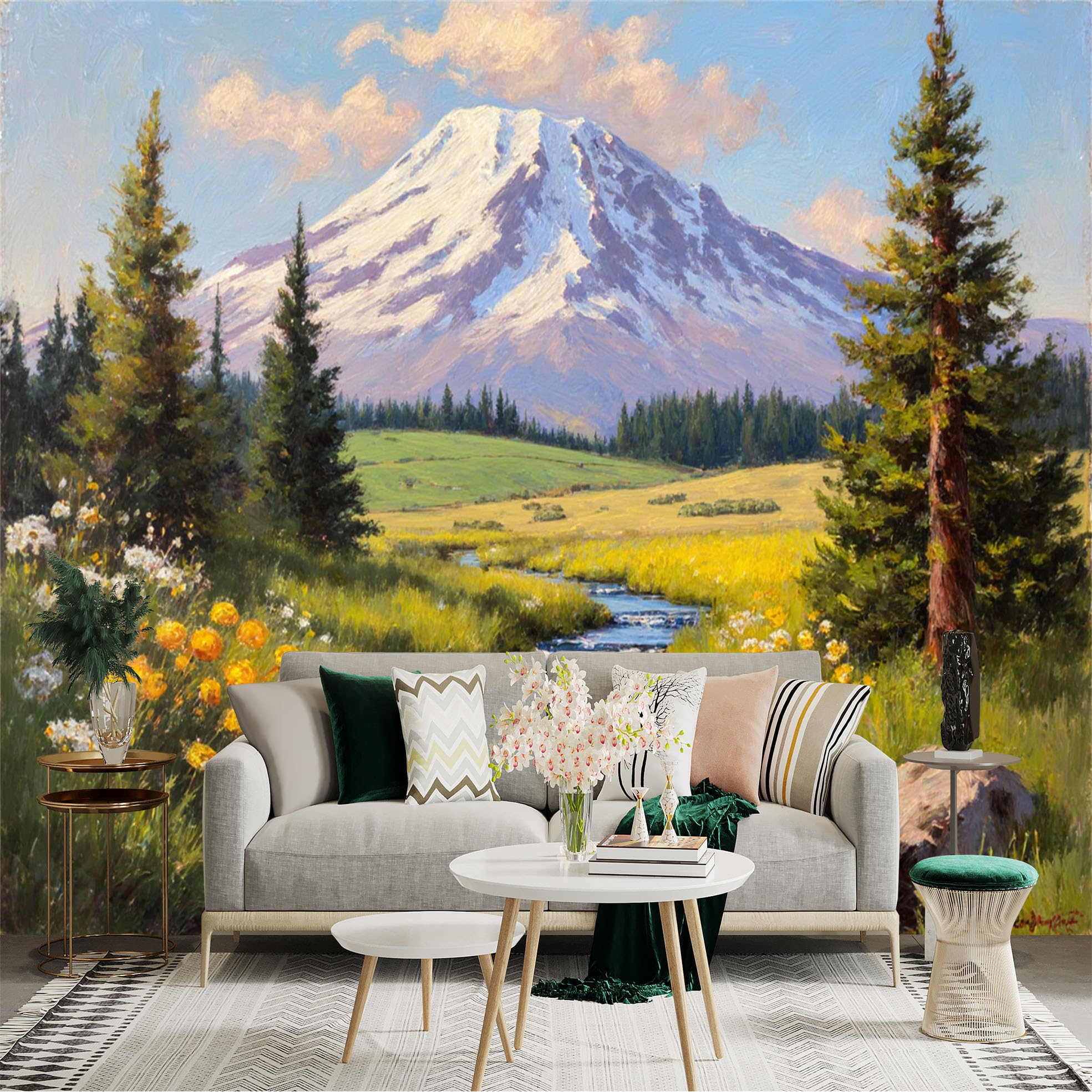 Custom Size Wall Sticker Mural， Snow Capped Mountain Peak， Serene Flowing Stream， Lush Green Meadow， Wildflower Field， for wall Decoration， peelandstick wall Decals.