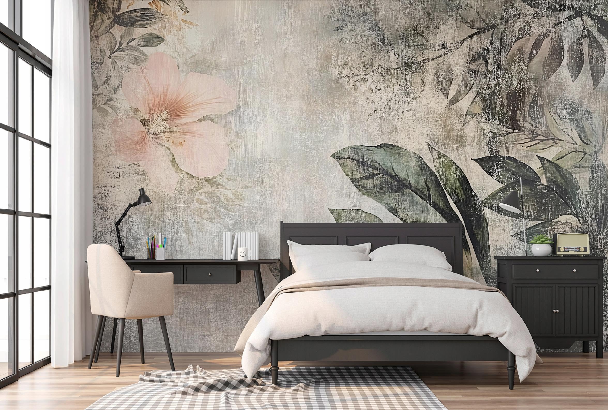 WallArena - Carta da parati fotografica - Botanico 350x250 cm - Murale fotografico - Per soggiorno e camera da letto - Effetto 3D - con Colla - foglie fiori vintage grigio