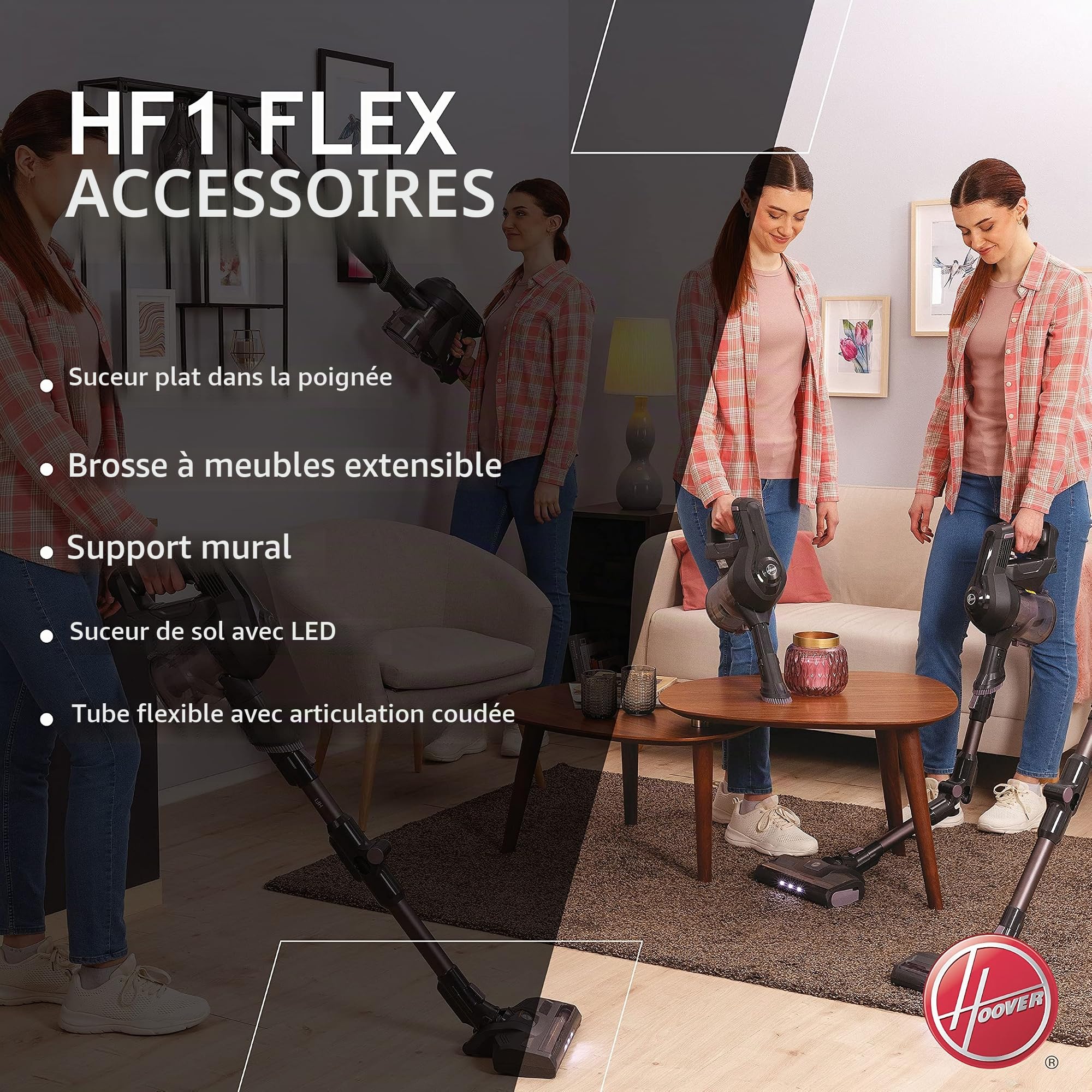 Hoover HF103X, Aspirateur Balai sans Fil Multifonction, Puissant 22V, Grande Autonomie 30m, Grande capacité 0,9L, Electrobrosse LED, Position Park&GO,Vidage Facile,Tube Flexible+Accessoires Embarqués