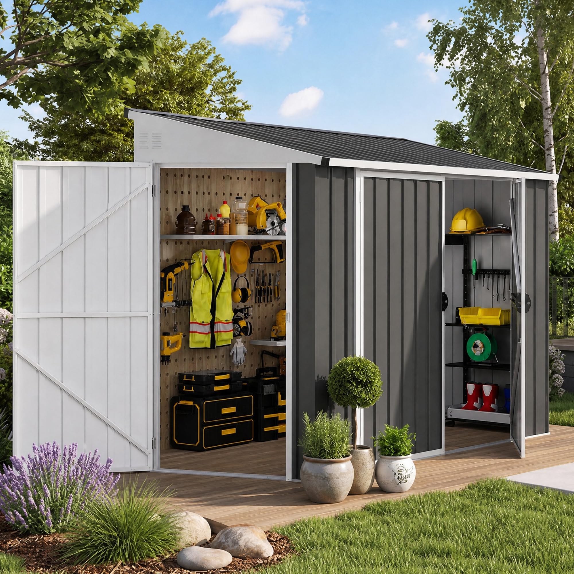 DWVO 7' x 4' Outdoor Storage Shed with 3 Lockable Doors &amp; Air Vent