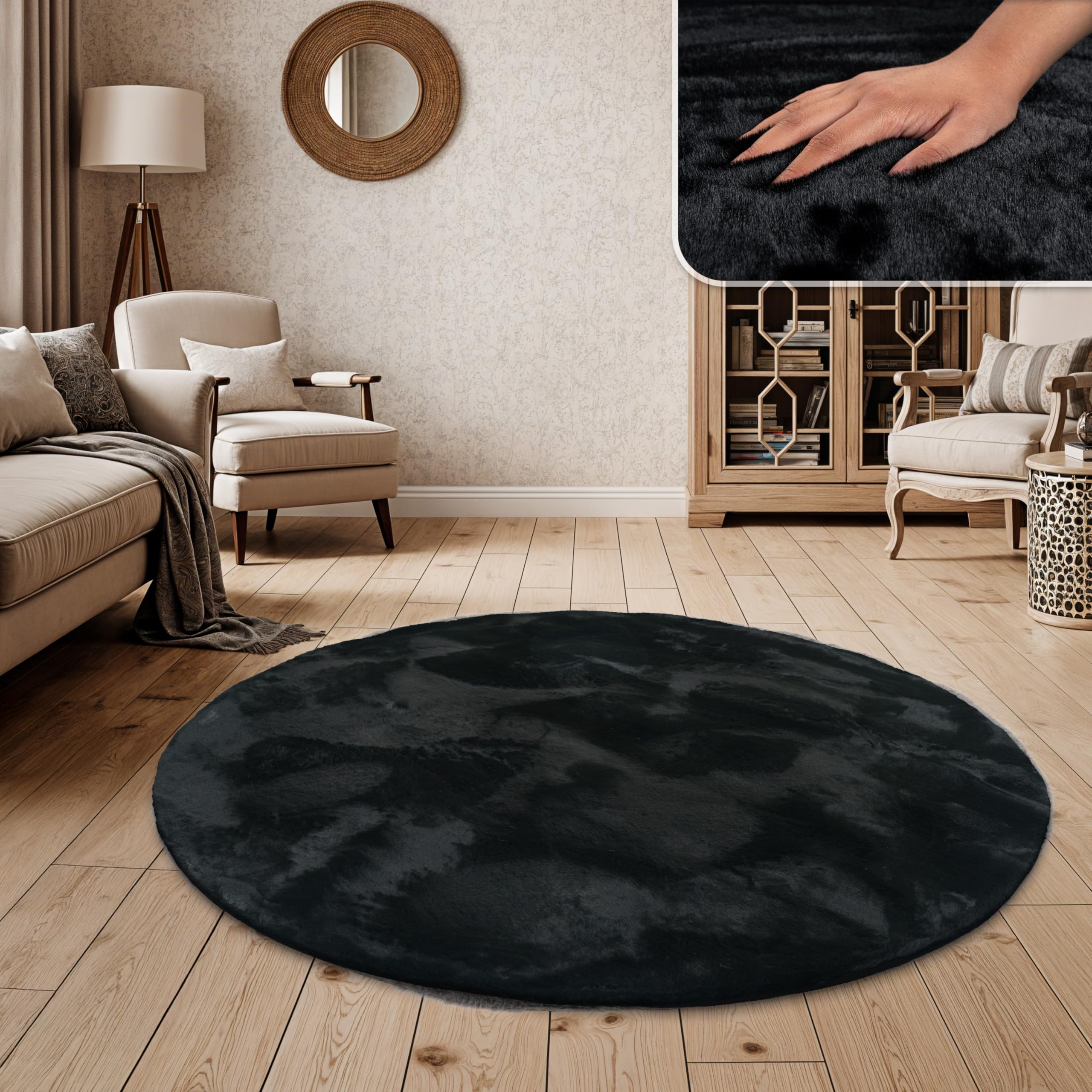 Paco Home Hochflor Teppich Wohnzimmer Schlafzimmer Shaggy Modern Flauschiger Fellteppich Weich Fell Imitat Kunstfell Einfarbig, Grösse:120 cm Rund, Farbe:Schwarz