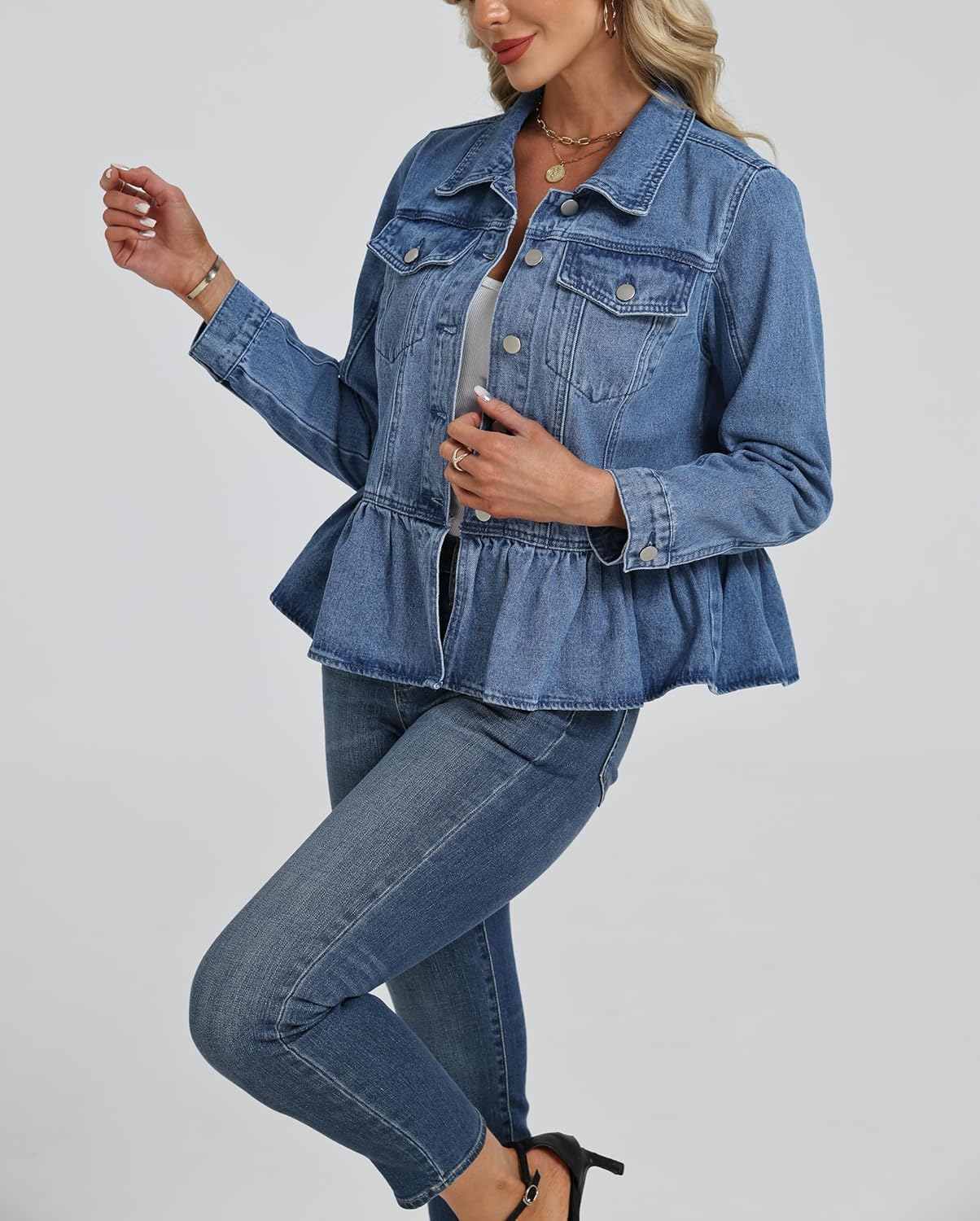Ladyful Ruffle Hem Denim Jacket for Women Trendy Long Sleeve Button Up Jean Coat Outerwear - Image 4