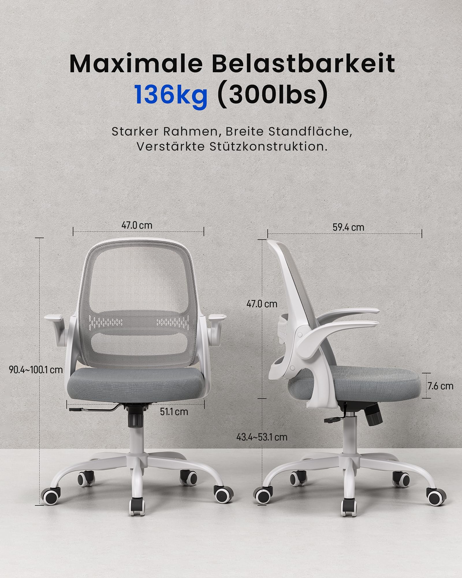 LukkDys Bürostuhl Ergonomisch, Schreibtischstuhl mit klappbaren Armlehnen, Mesh Computerstuhl höhenverstellbar, Drehstuhl für Home Office, Kinder & Studenten, Büro Sessel, Grau
