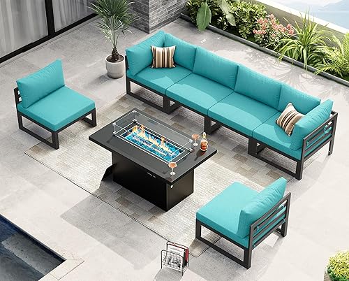 Miniatura 913 de NICESOUL 7 Piece White Powder-Coated Aluminum Patio Furniture with Fire Pit Table, 29 Inch Extra Wide Outdoor Sectional Sofa for 6, High-End Heavy