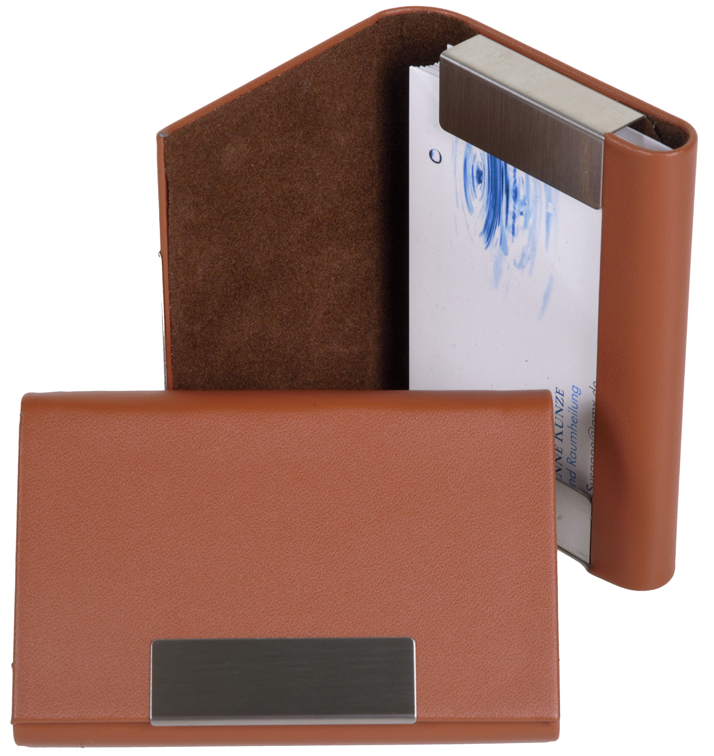 Visitenkartenetui braun - hochwertiges Kunstleder mit Magnetverschluss in gebürstetem Edelstahl, edle Visitenkartenbox im Business-Look von K.DESIGNS