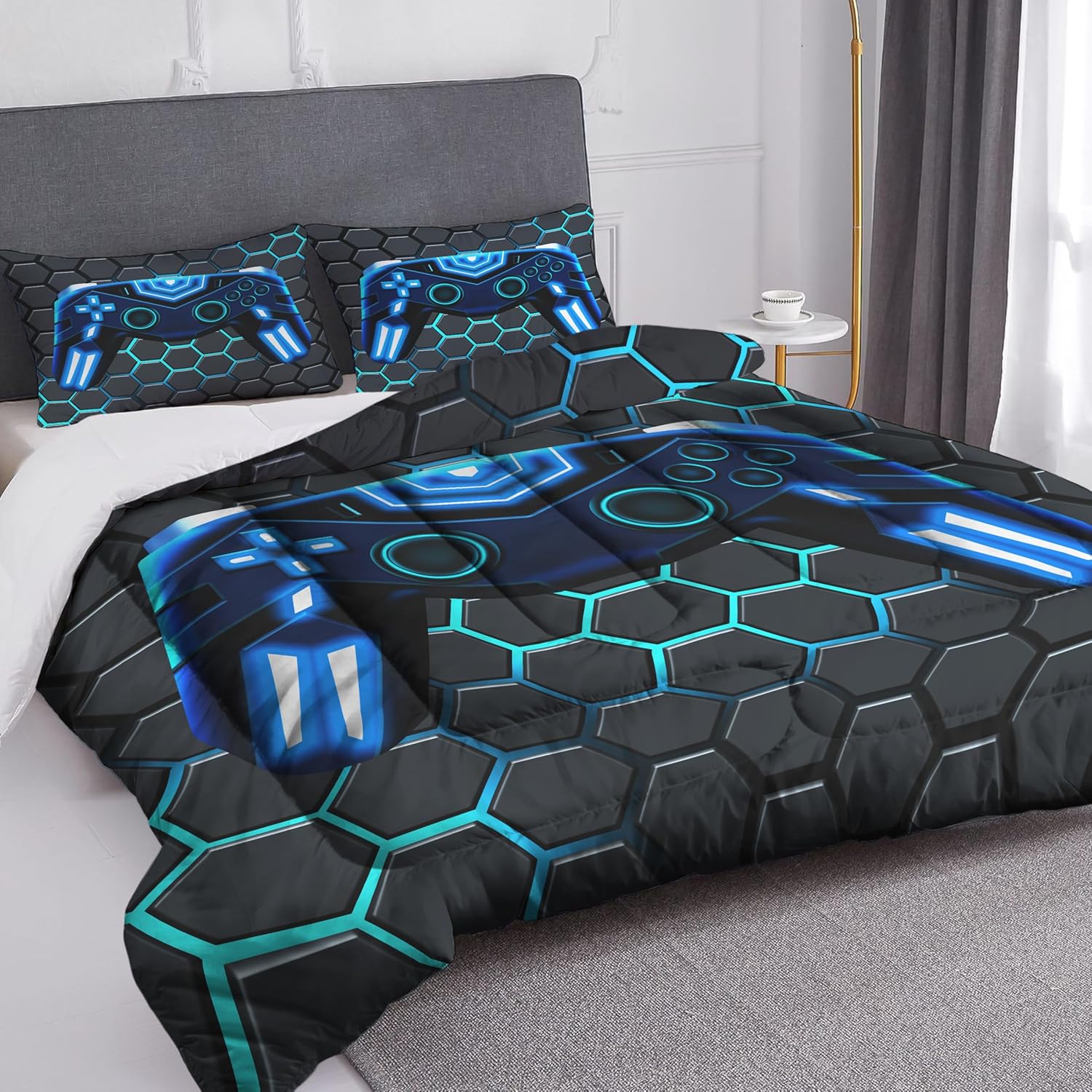 Kids Gaming Comforter Twin Size Video Game Console Geometric Bedding Sets for Boys Girls Kids 3D Gaming Comforter with 2 Pillowcase