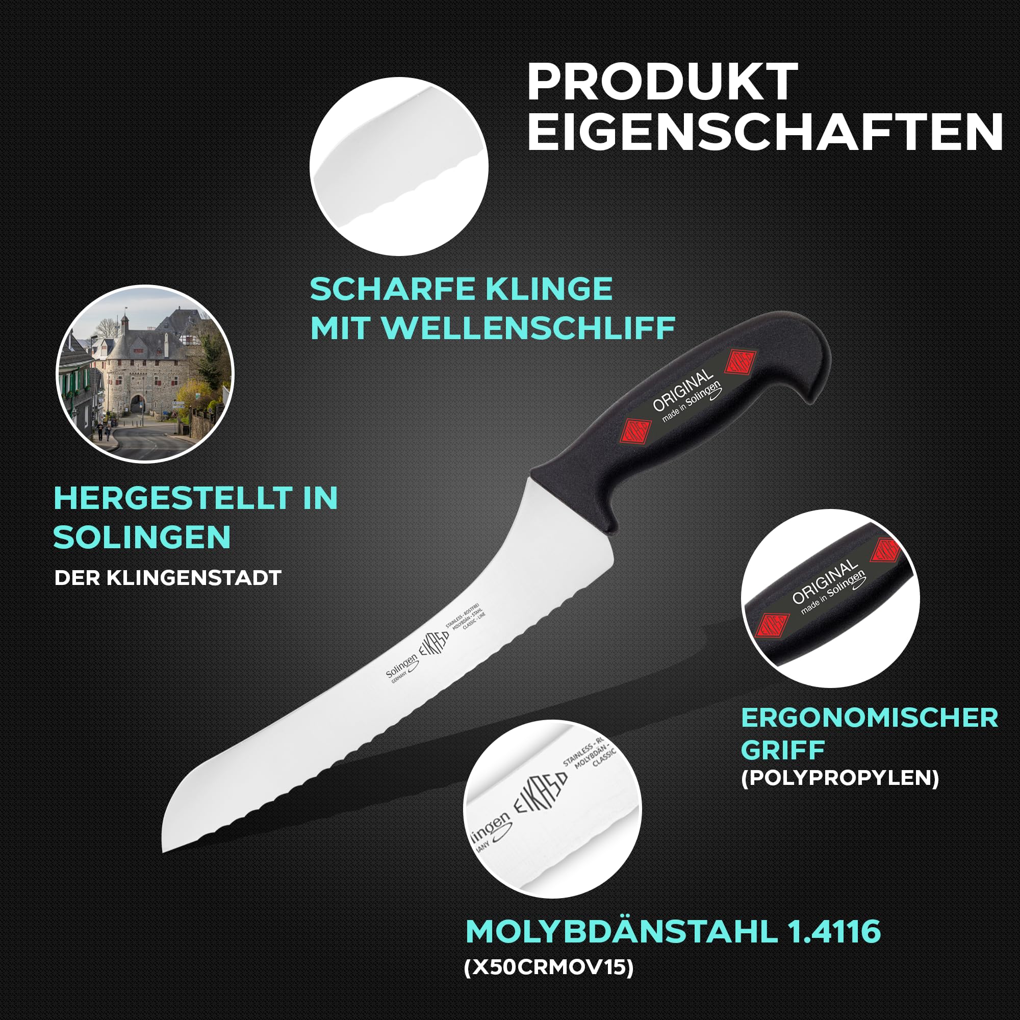 EIKASO Solingen Allzweckmesser Haushaltsmesserset für Profis und Privat Klinge aus Molybdänstahl 1.4116 Kochmesser Brotmesser Ausbeinmesser mit ergonomischen Griff