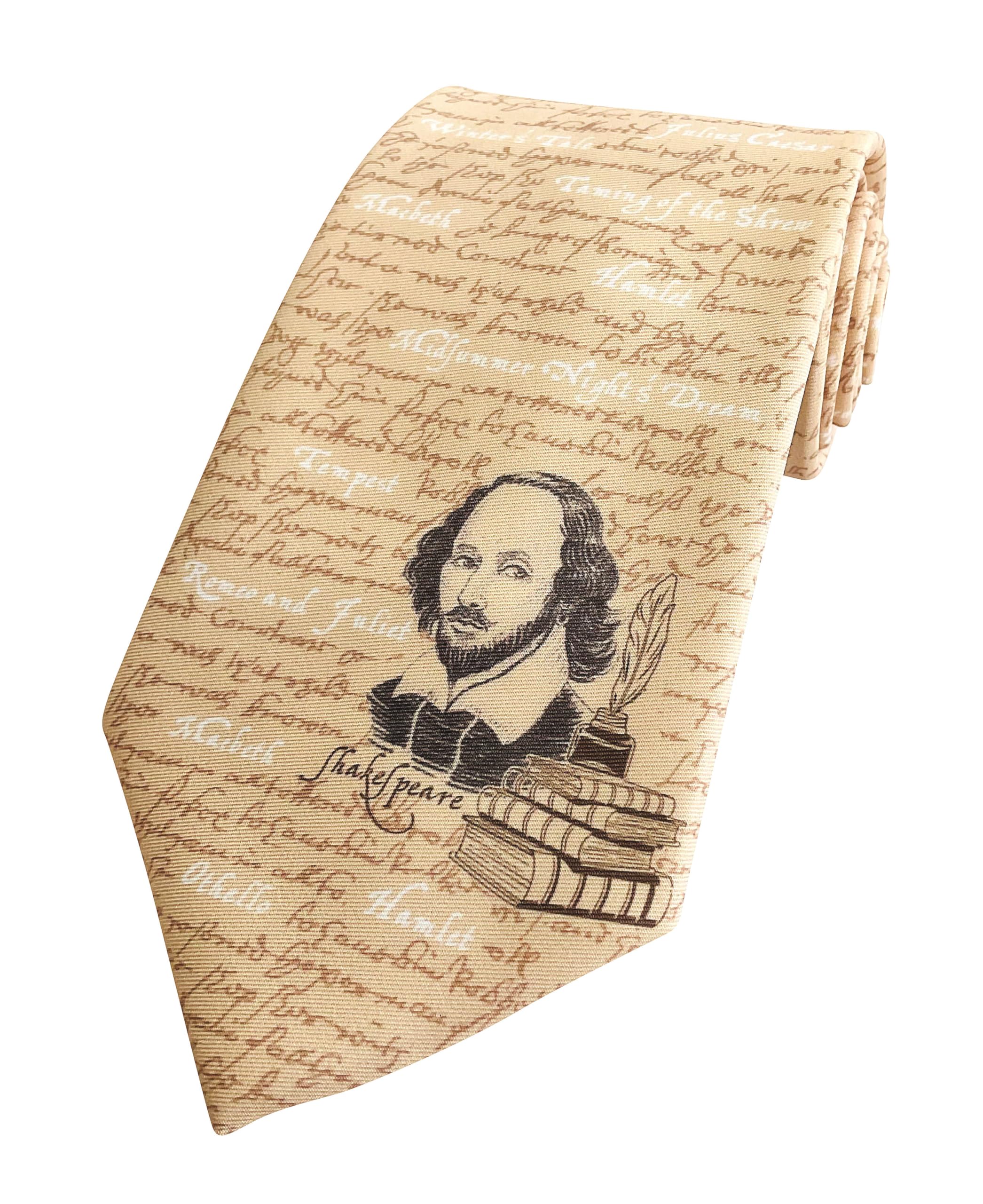 The Tie Studio Men's Cream Shakespeare Novelty Tie - ’S Necktie With Large Shakespeare Print – Blue Or Beige (Cream)