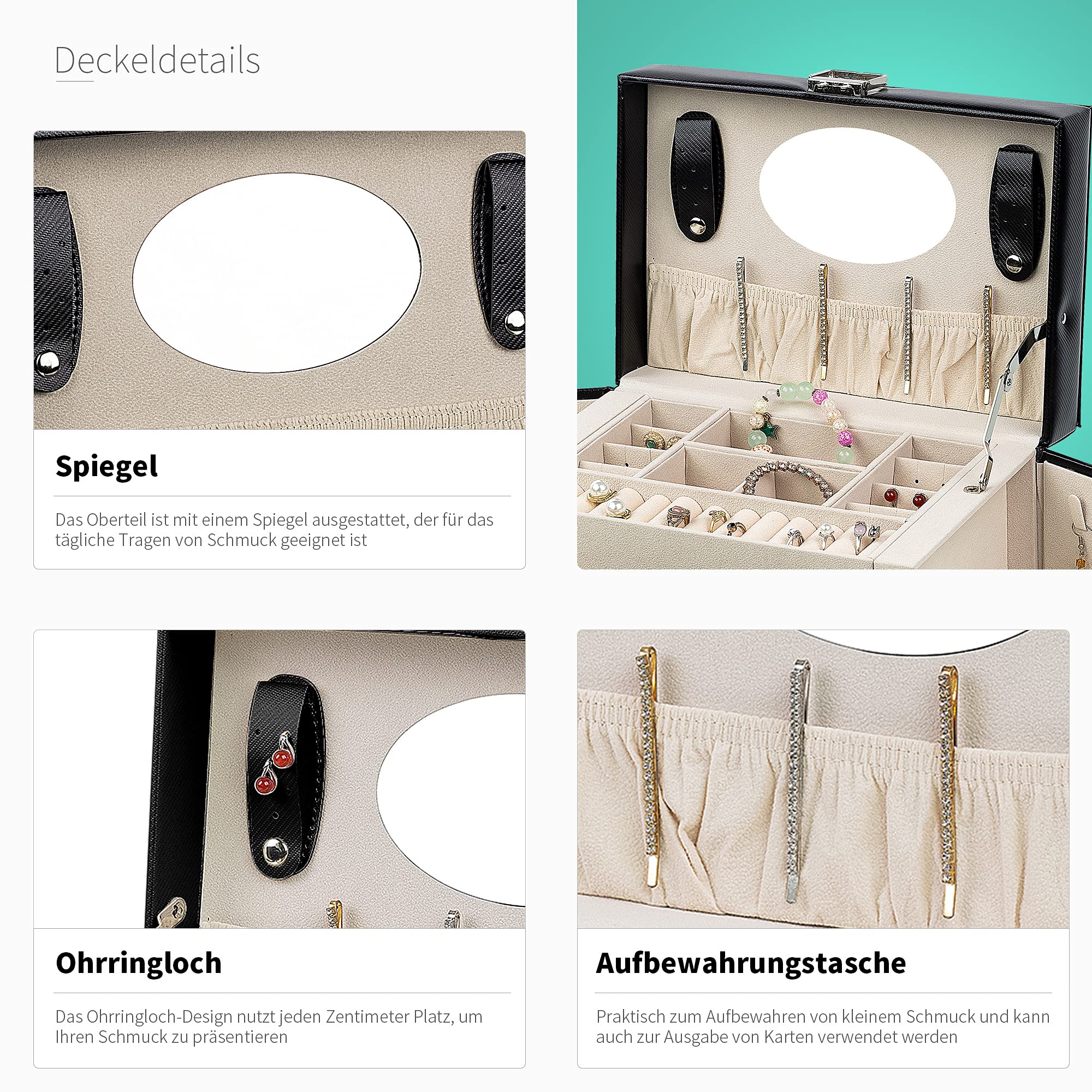 ADEL DREAM Portagioielli con 2 Cassetti Organizer per Gioielli richiudibile con Specchio Custodia da Viaggio Rimovibile per Anelli Bracciali Orecchini Fodera in Velluto Nero