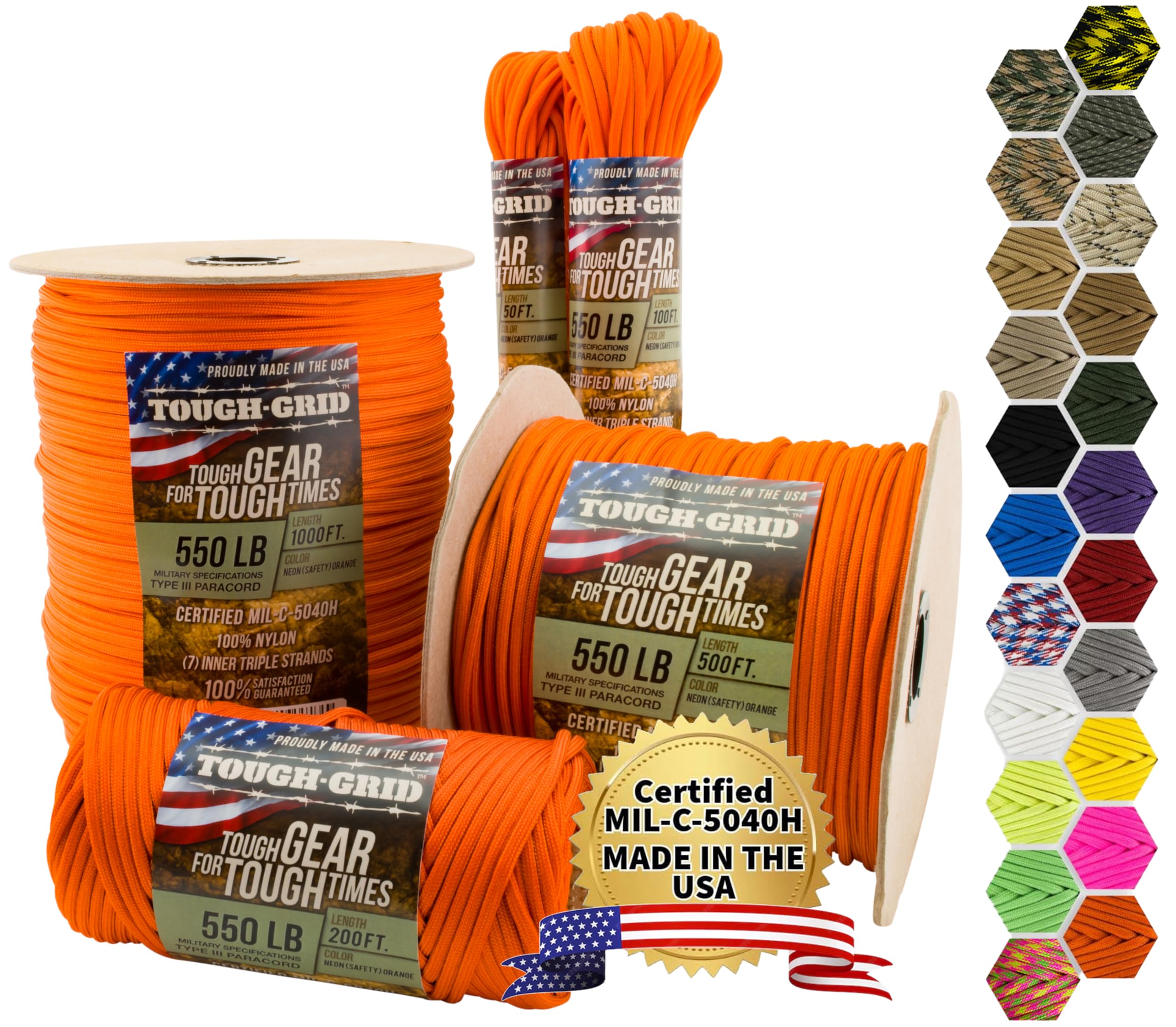 TOUGH-GRID 550 Paracord Rope Nylon Parachute Cord, Made in USA Survival Kit, Outdoor Adventures, Camping, Tactical Gear & Emergency Supplies, Military