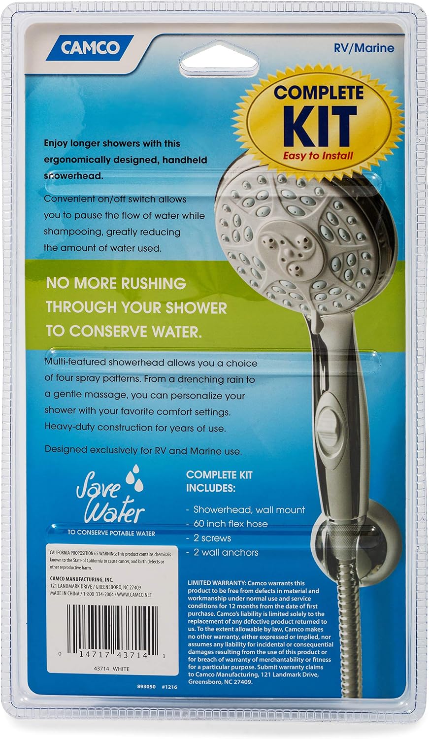 Camco RV/Marine Shower Head Kit | Conserve Water with Convenient On/Off Switch | Ergonomically Designed | White (43714)