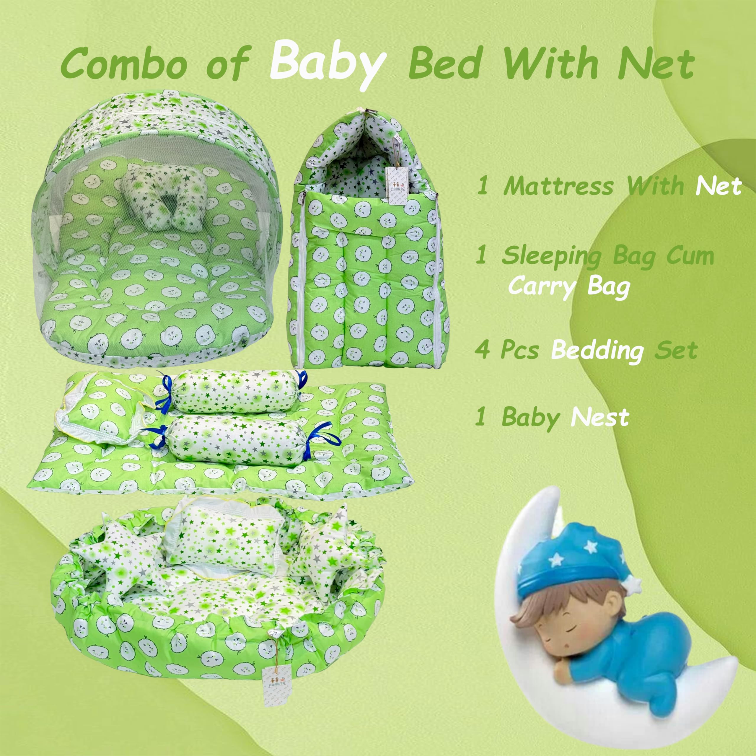 Infantbond Baby Sleeping Essential Reversible Nest | Mattress with Net | Carry Bag | 4 Pcs Bedding Set(0-6 Months) (Sheep Green(Fullset Nest)) - Image 2 thumbnail