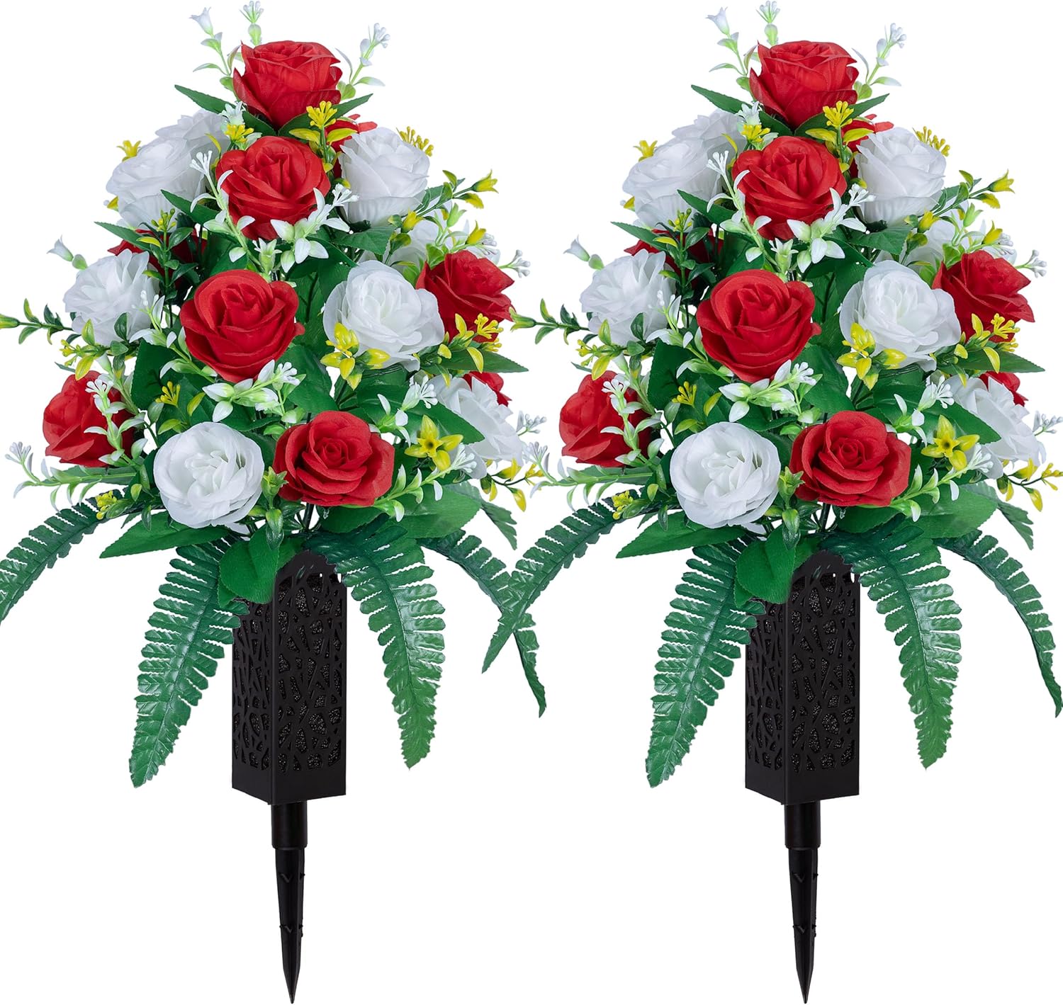 DONODA 2 Sets of Artificial Cemetery Flowers， Outdoor Grave Decorations Roses，Accompanied by 2 Long Nail Vases，Lasting and Non-Bleed Colors. (18 Heads (red+White))