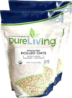 Pure Living Organic Sprouted Rolled Oats, 2 Pack 16oz Each - Non-GMO Whole Grain for Enhanced Nutrition