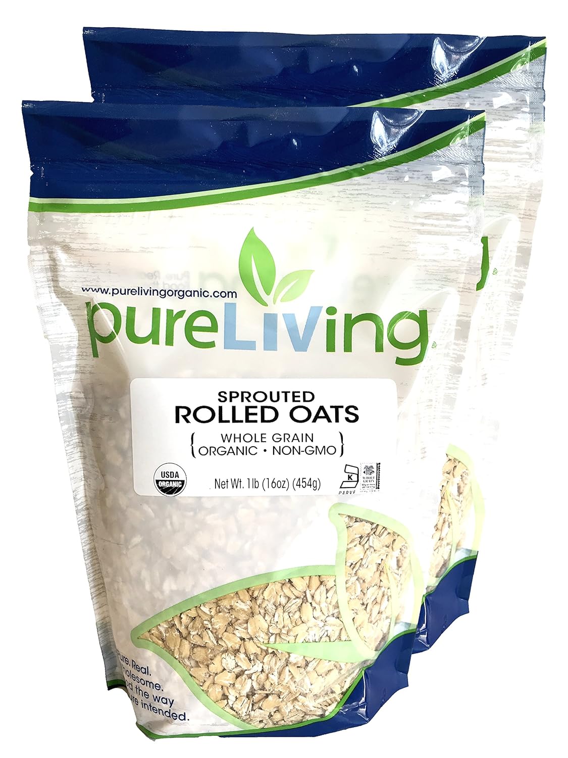 Pure Living Organic Sprouted Rolled Oats, 2 Pack 16oz Each - Non-GMO Whole Grain for Enhanced Nutrition
