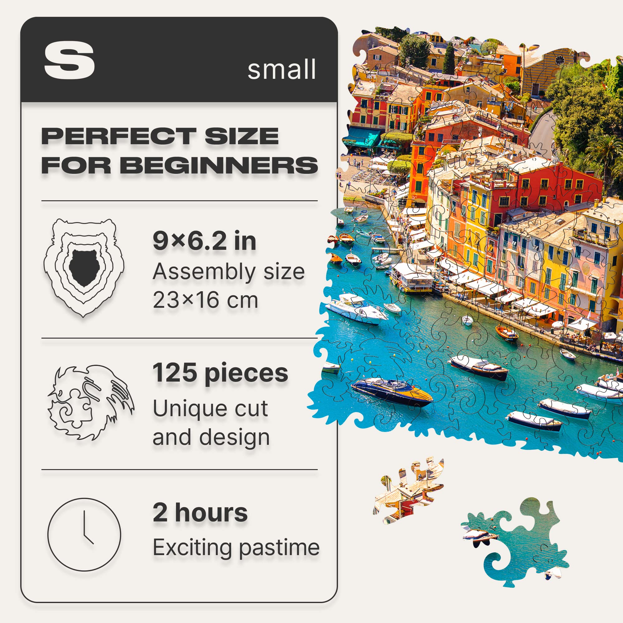 UNIDRAGON Puzzle en Bois - Italian Riviera Jigsaw Puzzle - 125 pcs | Small 22.9 x 15.7 cm - Pièces de Forme Unique - Bois Découpé au Laser - Coffret Cadeau en Bois - Puzzle pour Adultes