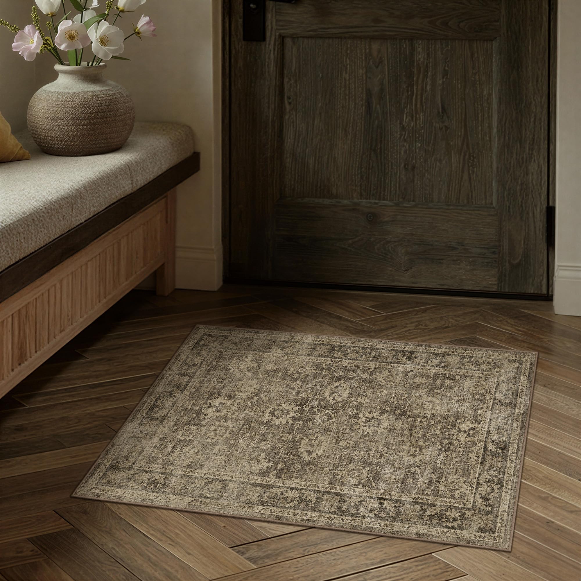 hugear 9x12 area rug brown machine washable rug room decor vintage distressed living room carpet non slip low pile throw rugs for bedroom dining room soft lightweight