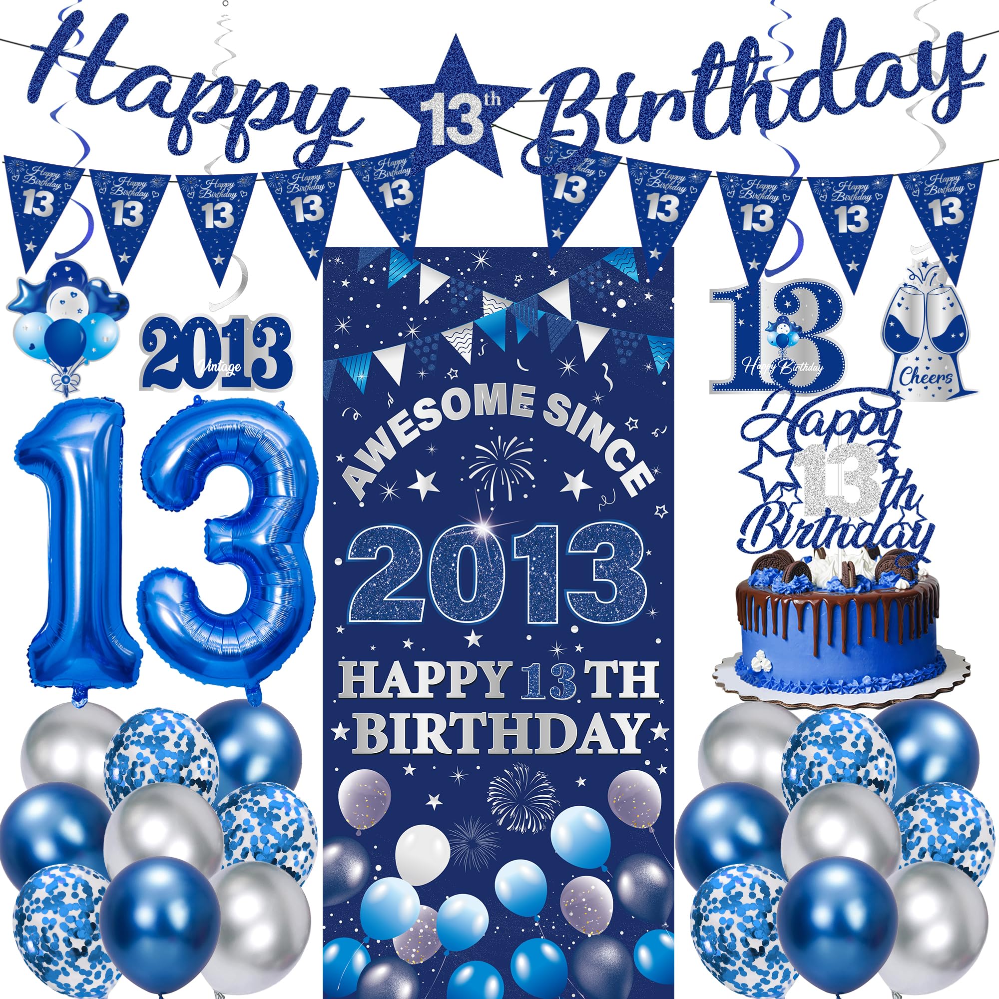 13th Birthday Decorations Boys Girls - 27 Pcs Blue Silver Happy 13th Birthday Banner Triangular Flag Hanging Swirls Backdrop Cake Topper 13 Balloon Set for 13 Years Old Party Decoration Supplies