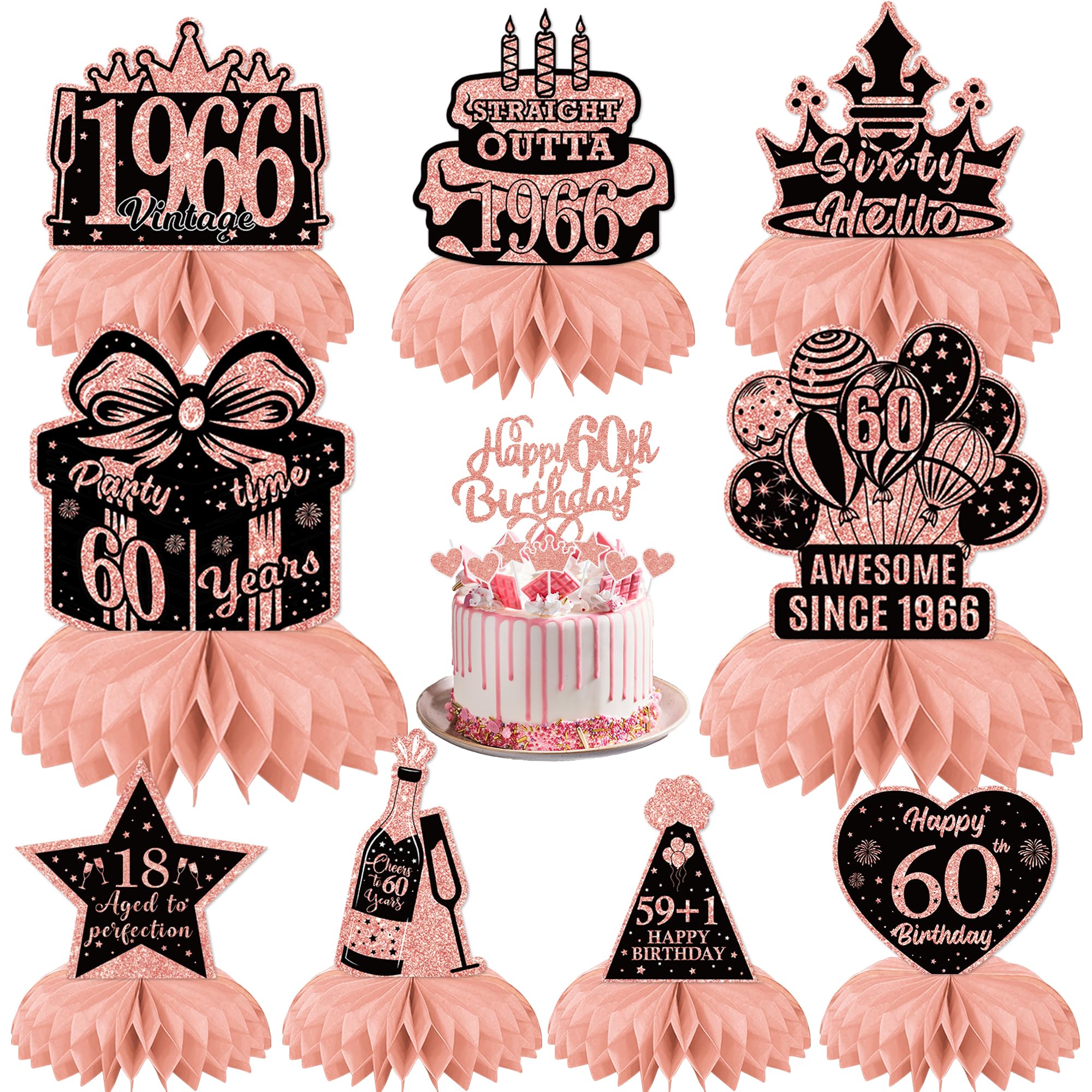 60th Birthday Party Table Decorations - Rose Gold Vintage 1966 Honeycomb Centrepieces and Cake Toppers, 17 Pcs Happy 60th Birthday Table Decorations for Women