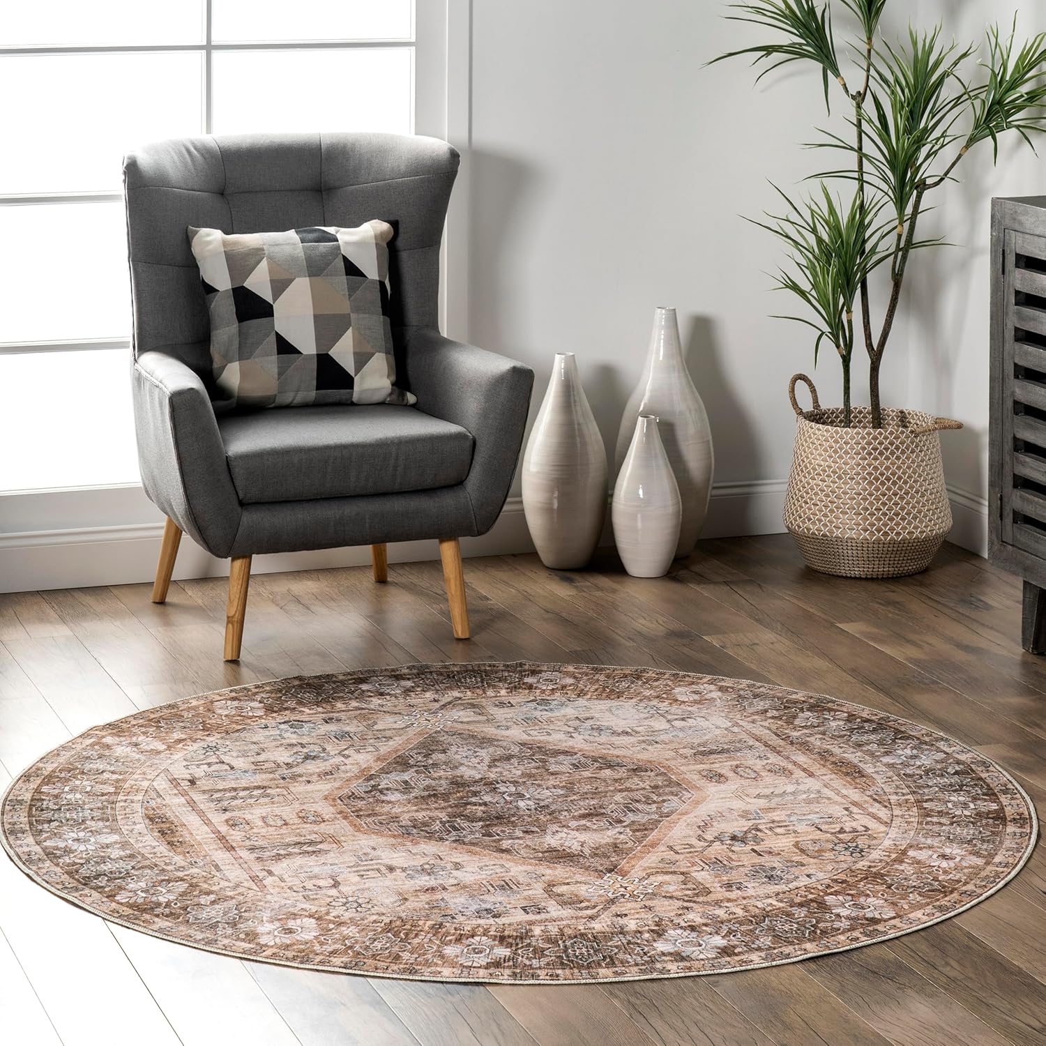 Nuloom SpinClean Devin Charcoal/Ivory, 4' x 6', Vintage, Soft and Cozy, High Traffic, Stain Resistant, Easy Clean, Durable, Machine Washable Area Rug for Bedroom, Living Room, Dining, Den, Foyer