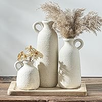 OOIT Ceramic Vase Set of 3 with Handles - Rustic Whitewashed Farmhouse Decor Vases for Mantel Table Entryway Modern Home Pottery