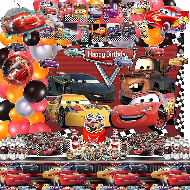 Cartoon Birthday Decorations,Car Themed Party Supplies | Set with Balloon, Backdrop, Paper, Tableware, Tablecloth, Banner, for Adult Birthday Party