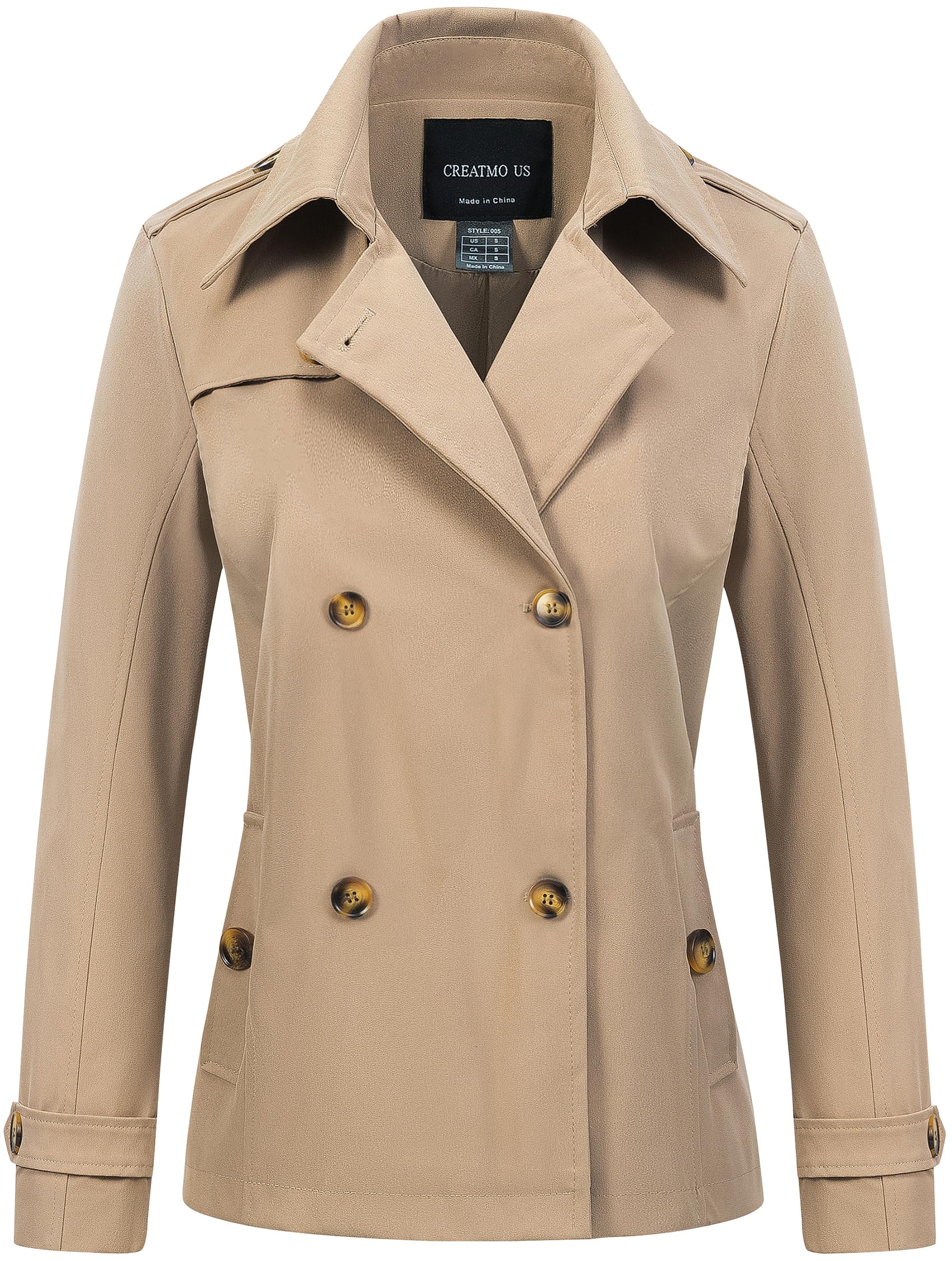 CREATMO US Womens Cropped Trench Coat Classic Double Breasted Lapel Jacket Water Repellent Outerwear