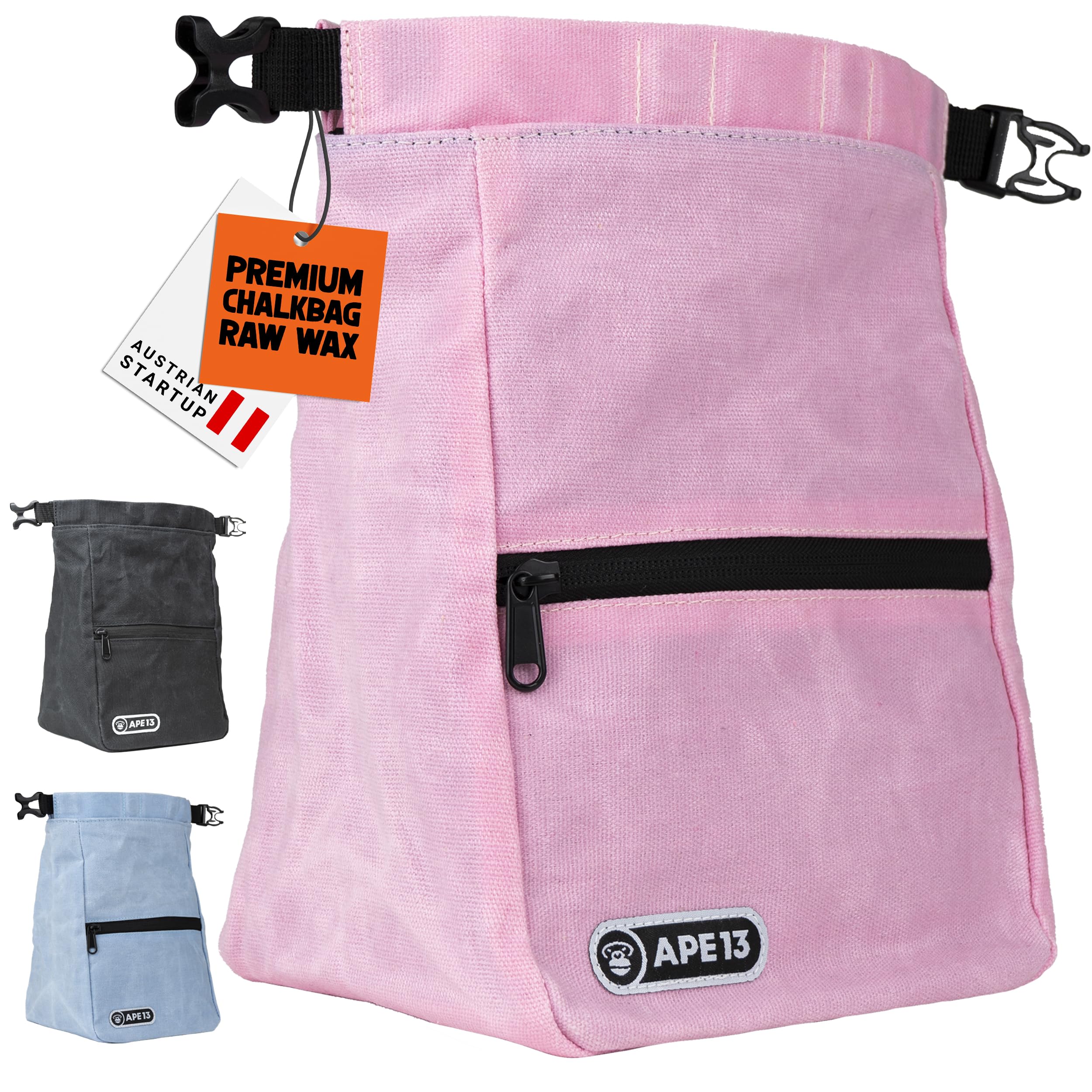 APE13® Chalkbag Bouldering in 3 Colours, Robust Magnesia Bag with Roll Top & Magnetic Closure, Large Chalk Bag with Brush Holder & Zip Pockets, Climbing & Boulder Accessories (Soft Pink)