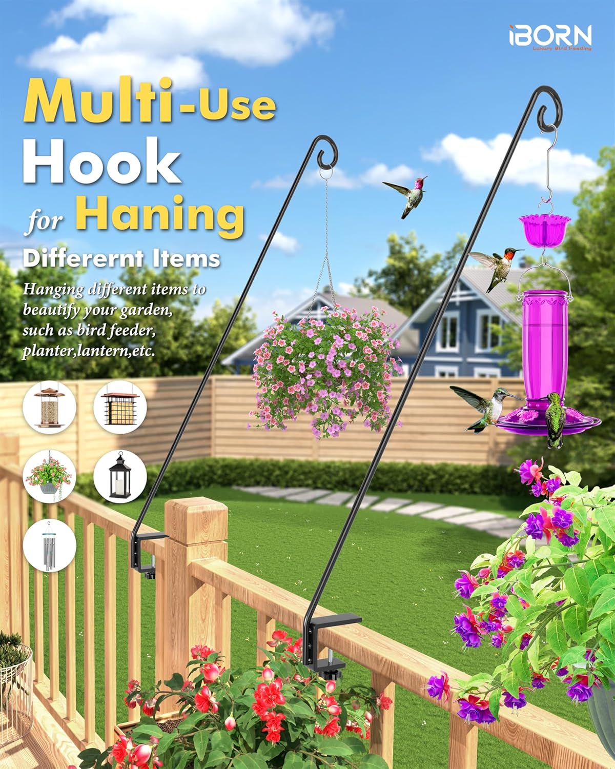 iBorn 40 Inch Extra Long Deck Hook for Bird Feeder Outdoors Hanging, Hummingbird Feeder Hanger for Deck Railing, Squirrel Proof Shepherd Pole Stand, Solid Wire, Pack of 2