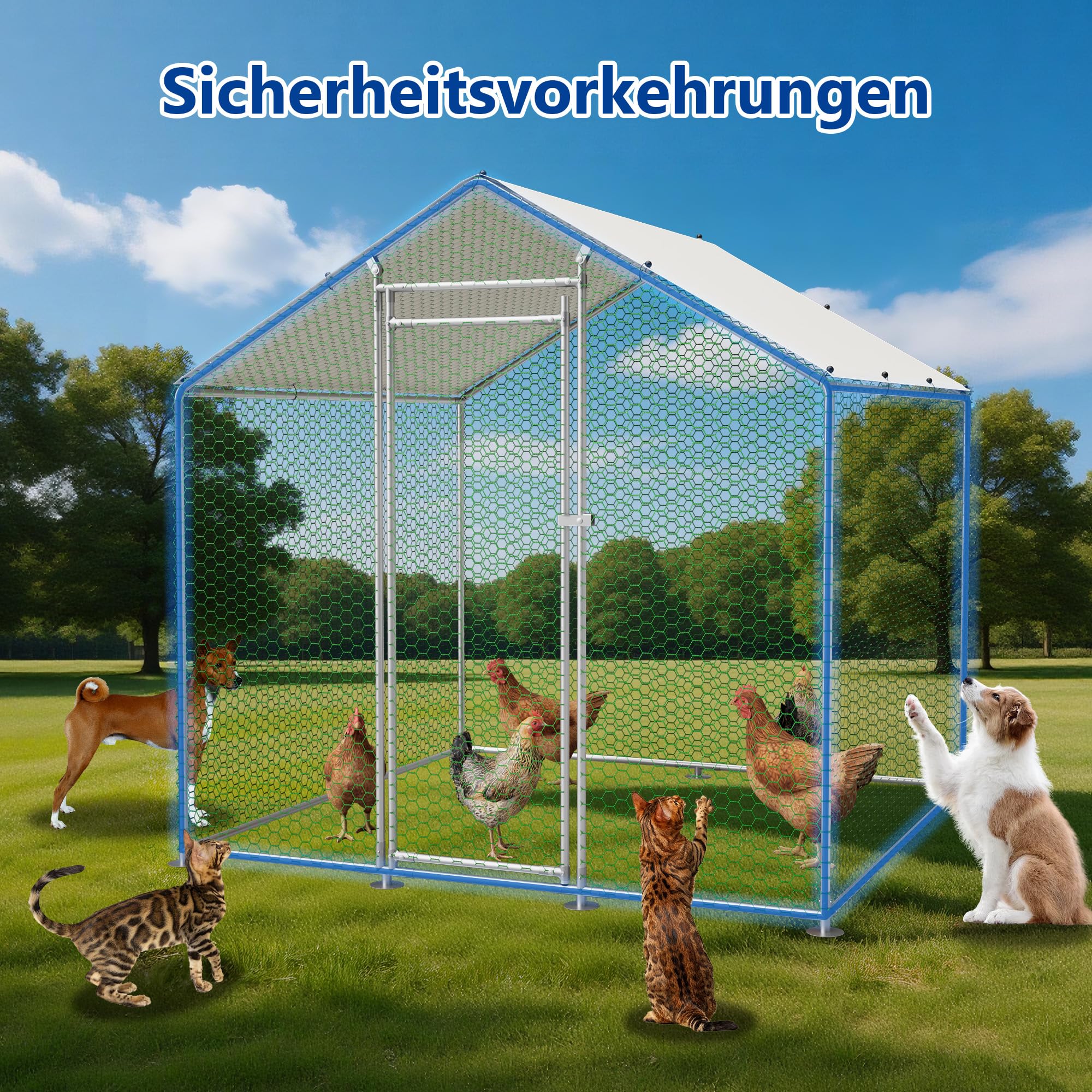 Thanaddo Hühnerstall Metall Freilaufgehege, 2x2 m Freilaufgehege Hühner mit PE-Tuch, Verzinkter Stahl Kleintierstall mit Riegelsystem-Tür für Hühner Haustierkäfig Hühnerkäfig Kleintiere Garten