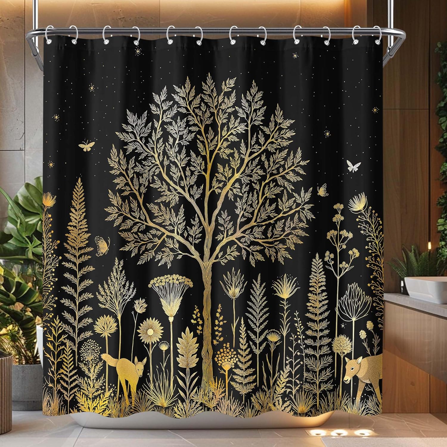 Yeoiat Botanical Night Garden Shower Curtain Whimsical Forest Flora Shower Curtains for Bathroom Elegant Shower Curtain Set with 12 Hooks 72×72 Inches.