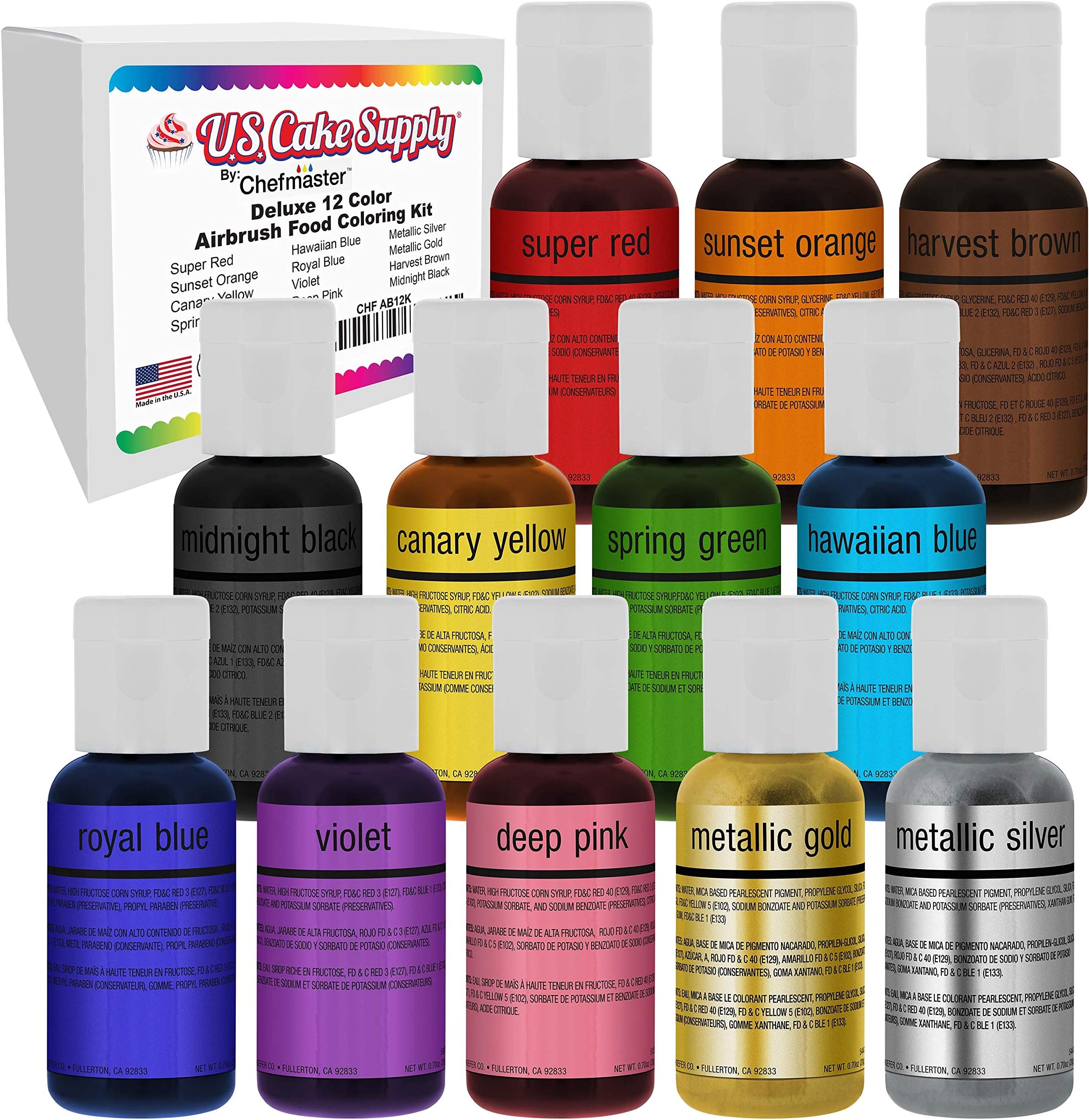 US Cake Supply by Chefmaster Airbrush Cake Colour Set - The 12 Most Popular Colours in 0.7 fl. oz. (20ml) Bottles