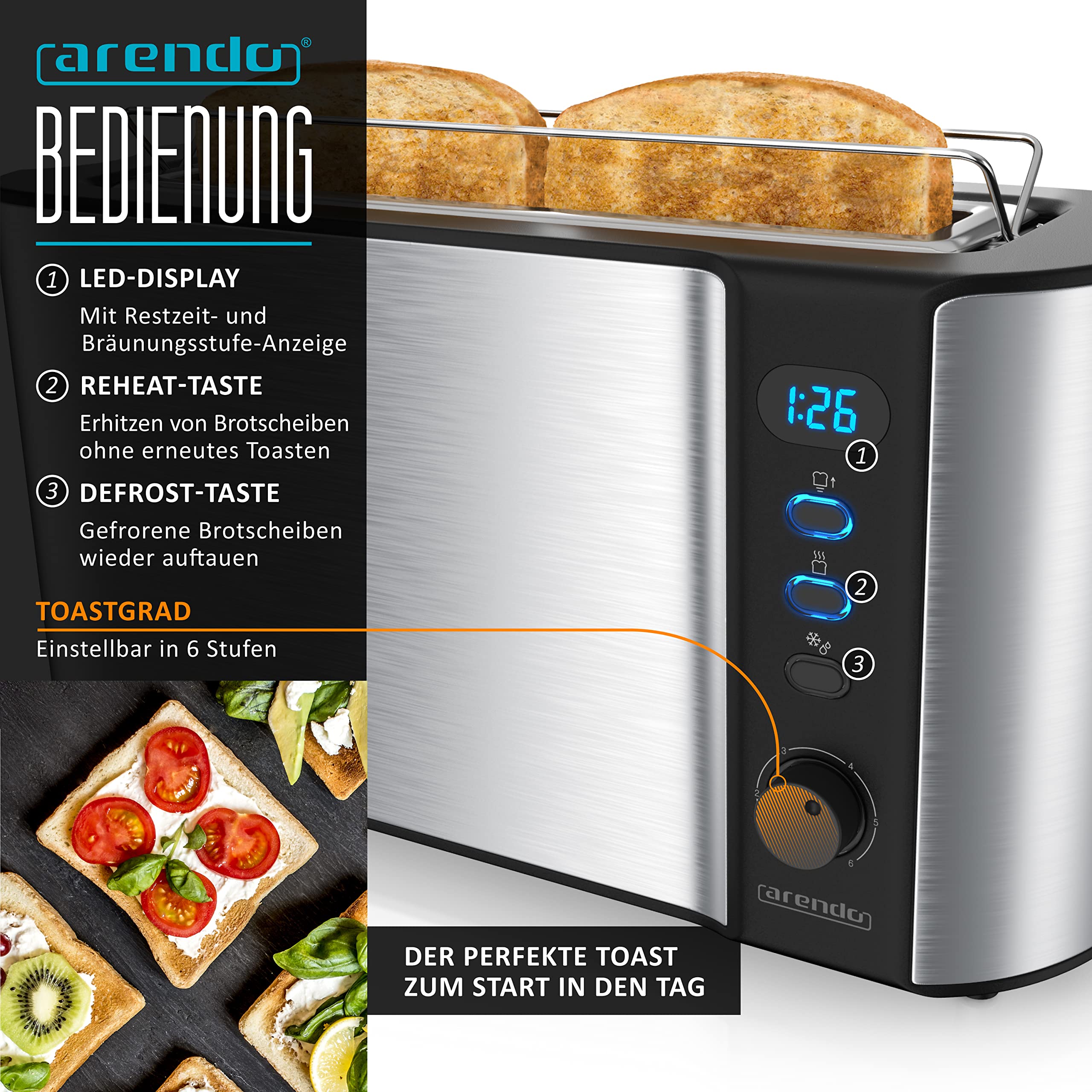 arendo Wasserkocher + rendo Edelstahl Langschlitztoaster Hervidor de Agua tostadora de Ranura Larga, Acero Inoxidable Plateado