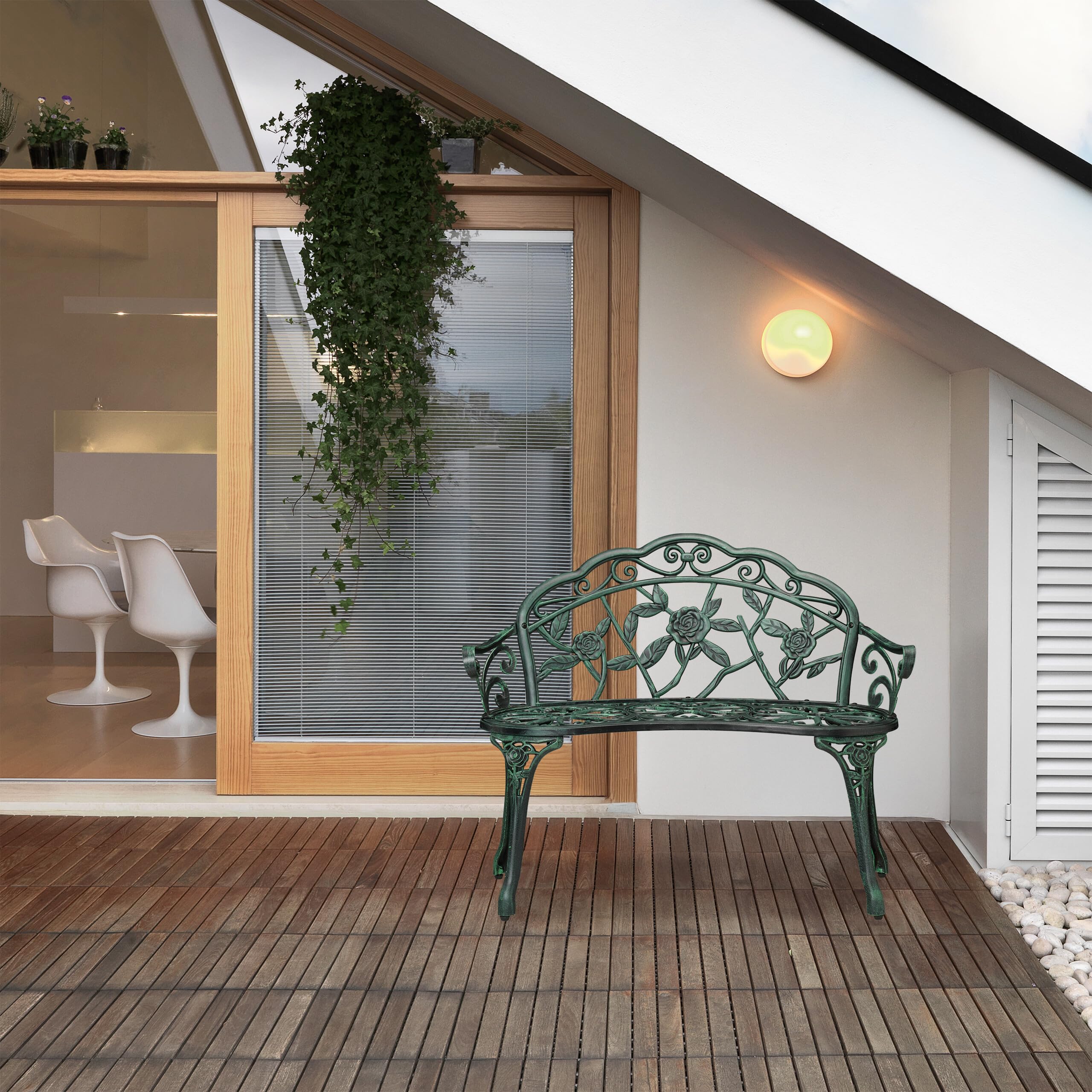 Relaxdays Banco Jardín, 2 Plazas, Terraza, Balcón, Aluminio y Hierro Fundido, 79x99x56 cm, Asiento Exterior, Negro/Verde