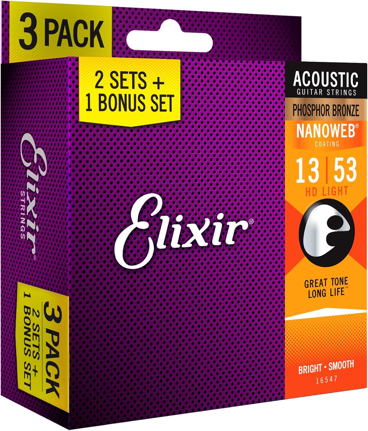 Elixir® Strings 16547 Acoustic Phosphor Bronze Guitar Strings with NANOWEB® Coating, 3 Pack, HD Light (.013-.053)