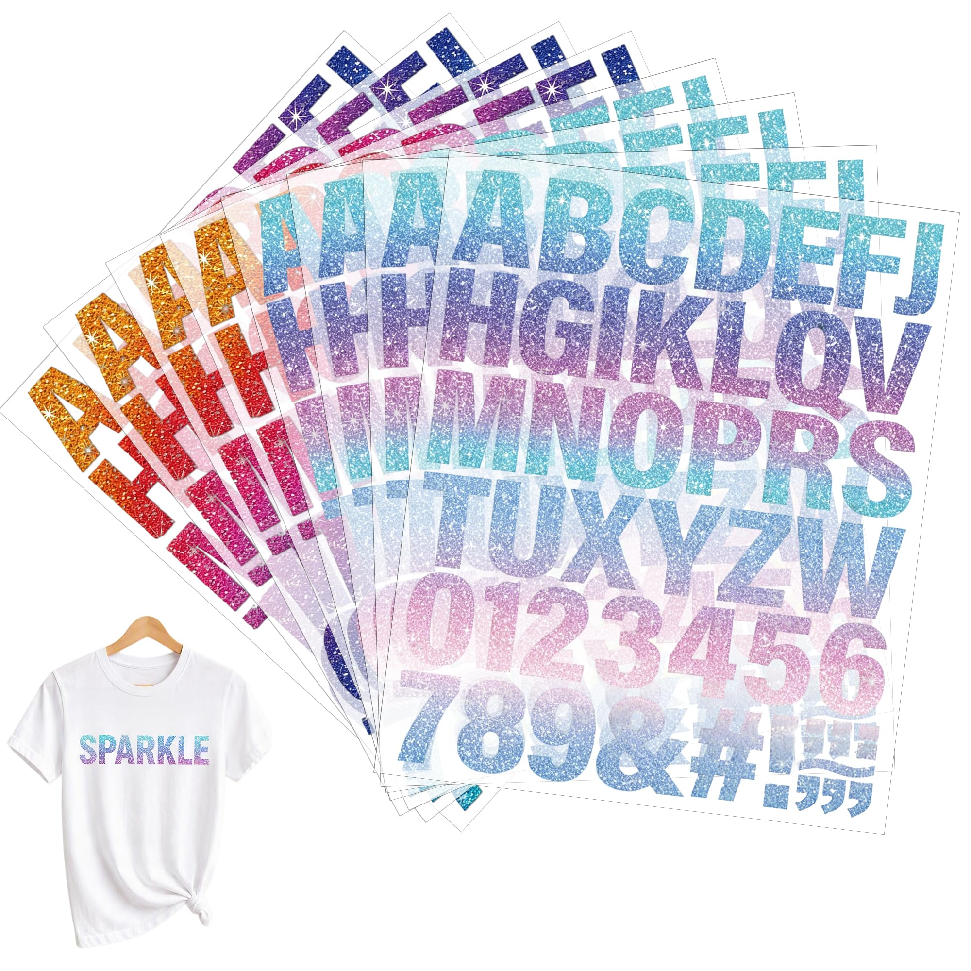 8 Sheets Large Iron On Letters & Numbers, Coloured Heat Transfer Vinyl