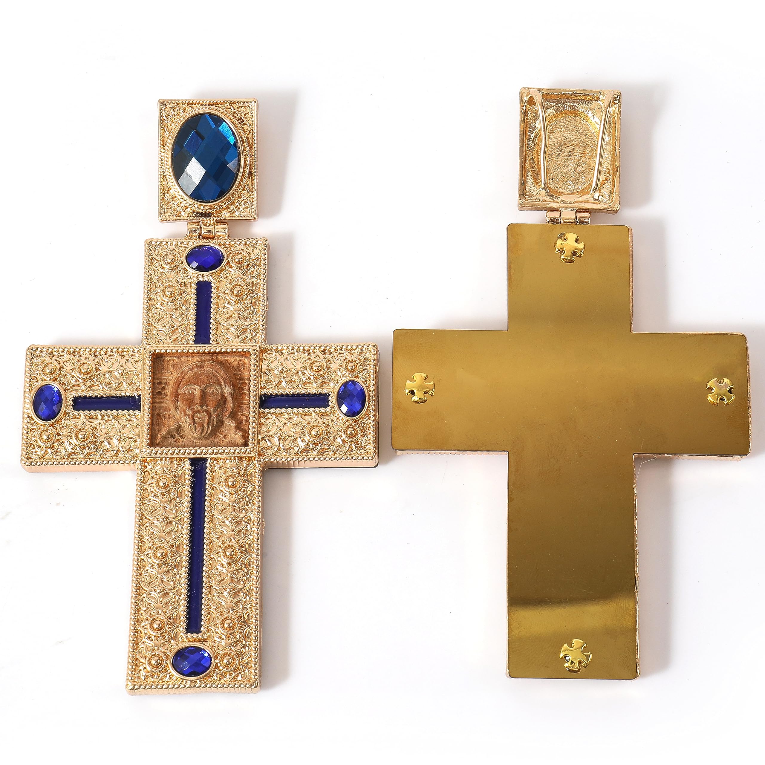 Nazareth Store Krzyż piersiowy drewniany Jezus twarz krucyfiks wisiorek ikona niebieski skrystalizowane kamienie elementy chrześcijański kapłan biskup naszyjnik 50 cm w pudełku prezentowym
