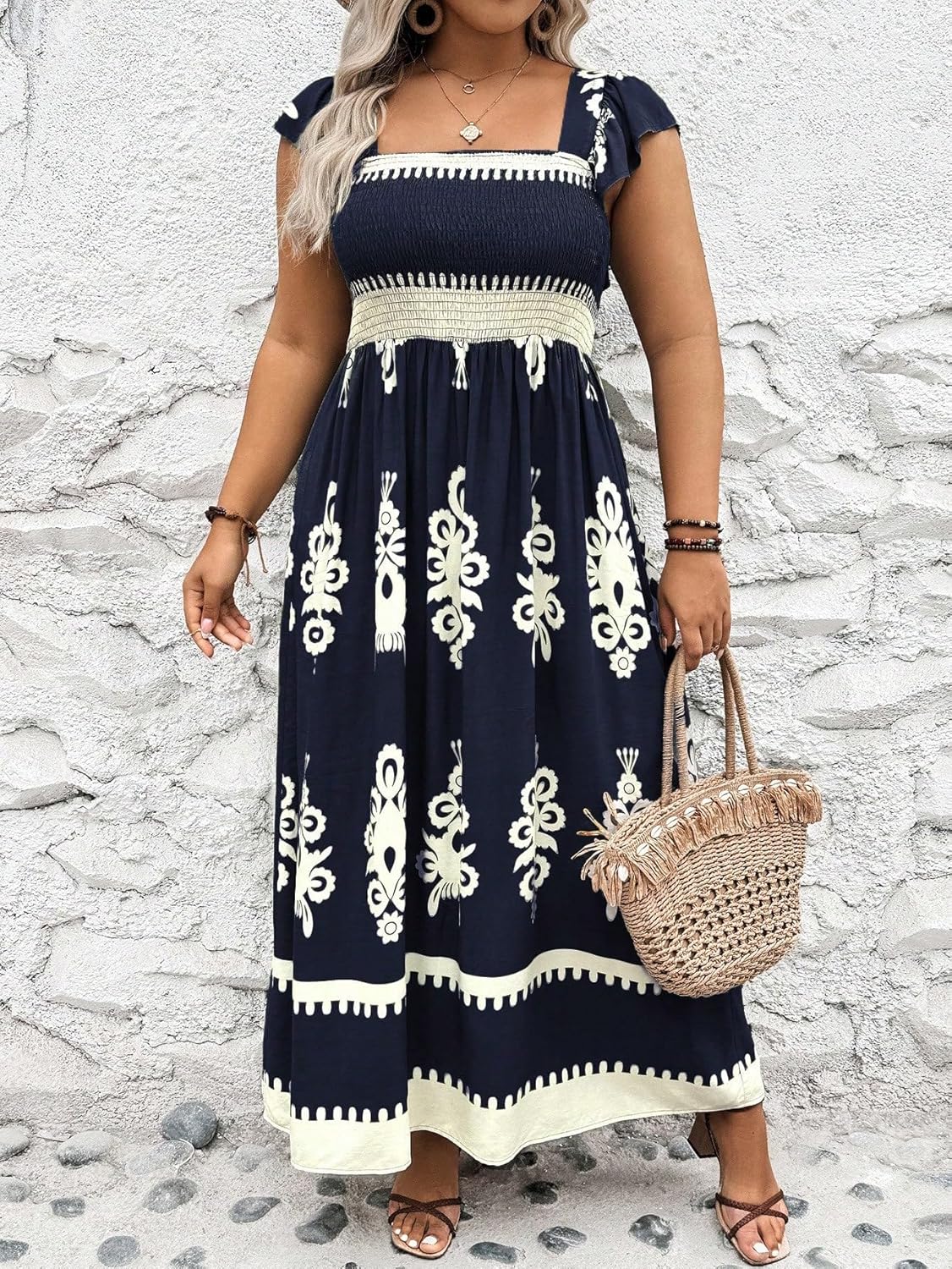 SHENHE Women's Plus Size Square Neck Tie Back Smocked Flutter Sleeve Flowy Maxi Boho Dress - Image 5