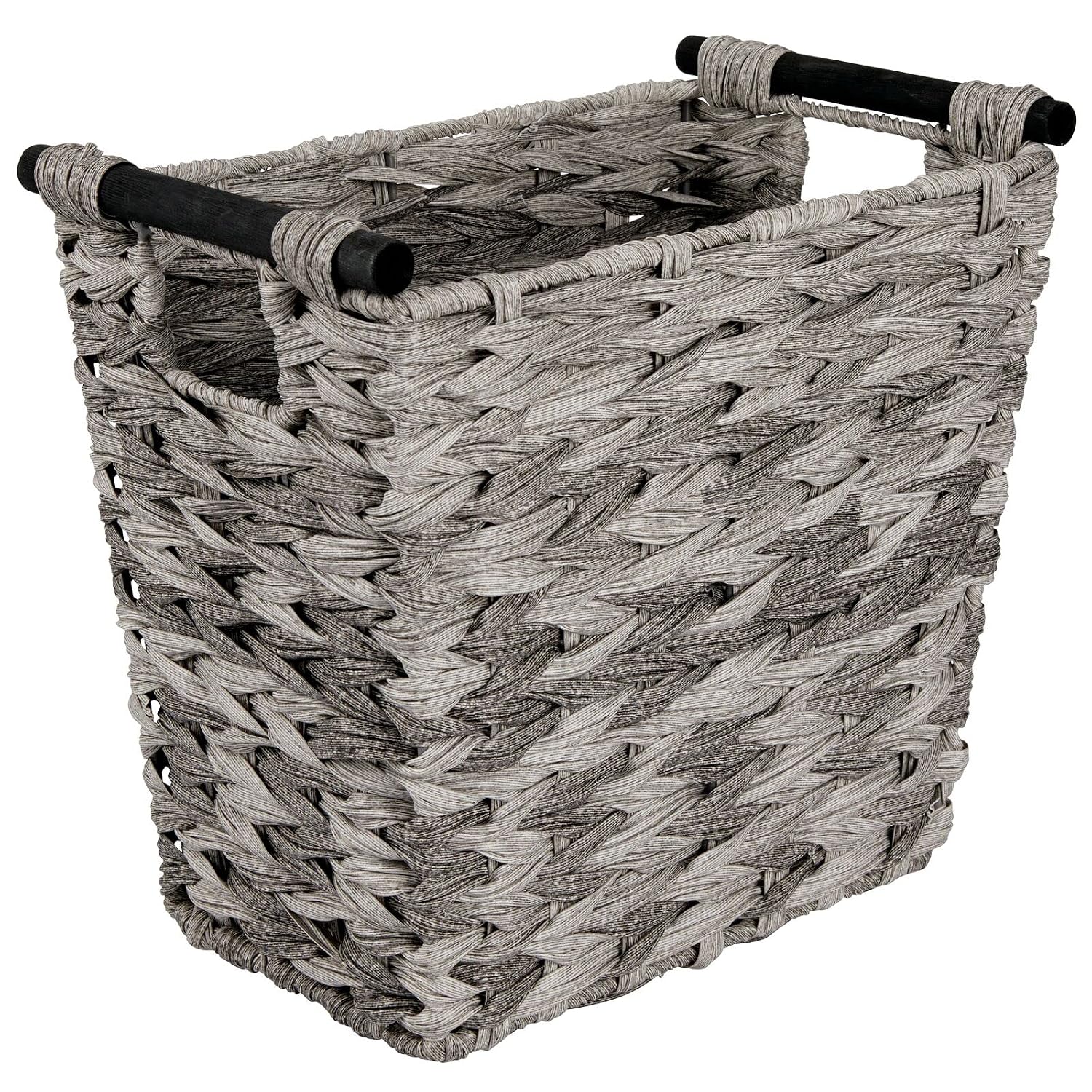 mDesign Small Woven Basket Trash Can Wastebasket - Rectangular Garbage Container Bin with Wood Handles for Bathrooms, Kitchens, Home Offices, Craft, Laundry, Utility Rooms - Gray/Black