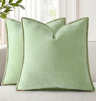 decorUhome Soft Chenille Throw Pillow Covers 16x16 Set of 2 Sage Green | Fall Textured Decorative Throw Pillow Cases Stitched Edge Modern Farmhouse Luxury Boho Velvet for Couch Sofa Bed Home Decor