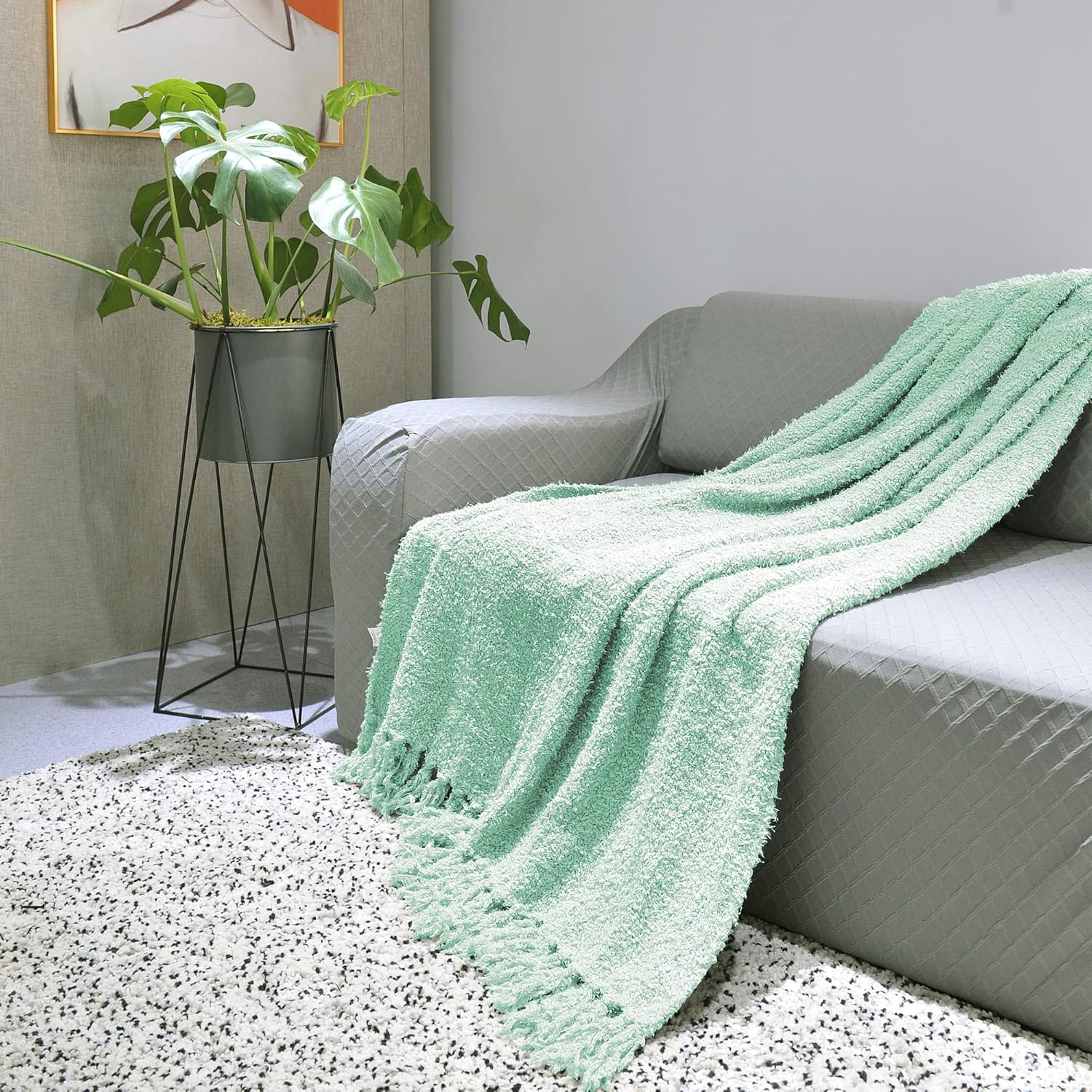Fluffy Throw Blankets Couch Cover Throw with Fringe Tassels, Plush Fuzzy Furry Soft Cozy Lightweight Throw for Couch Sofa Bed Chair Home Decor, 50" x 60", Seafoam Blue
