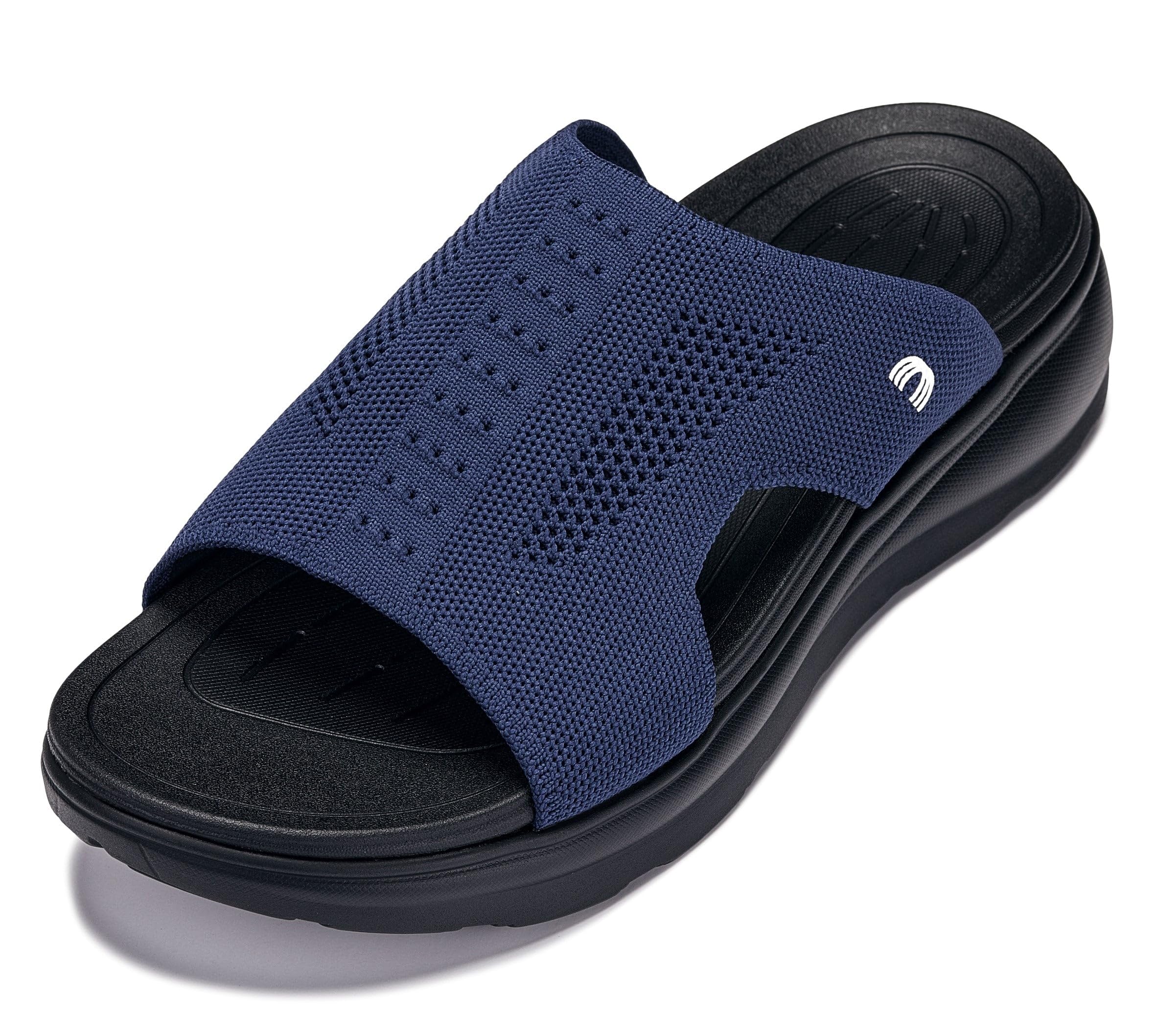 CALTO Men's Invisible Height Increasing Elevator Shoes - Black/Knitted Navy Ultra Light-Weight Slip-on Comfort Sandals - 2 Inches Taller - X1659 -