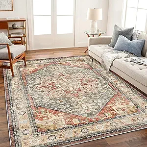 Area Rug 6'x9' Red Khaki Washable Vintage Traditional Floor Cover Thin Retro Kitchen Indoor Distressed Non Slip Carpet Floral Area for Living Room Bedroom Dining Room