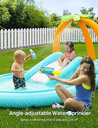 Vista 24 de EVAJOY - Centro de juegos inflable, piscina infantil con tobogán para niños, aspersor, tema de hielo y nieve con muñecas inflables, fácil