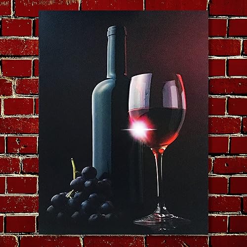 Miniatura 8 de BANBERRY DESIGNS Impresión en lienzo iluminada, vino tinto en una copa con botella y uvas moradas oscuras, 12 x 16 pulgadas