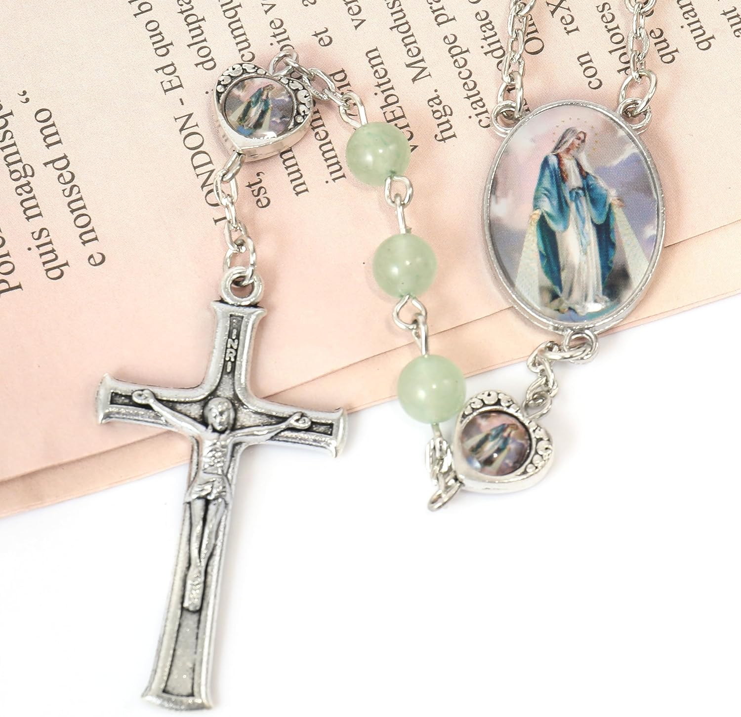 Nazareth Store Natural Stone Beads with Miraculous Epoxy Heart Metal Beads Rosary Necklace Gemstone Christian Gifts - Image 3