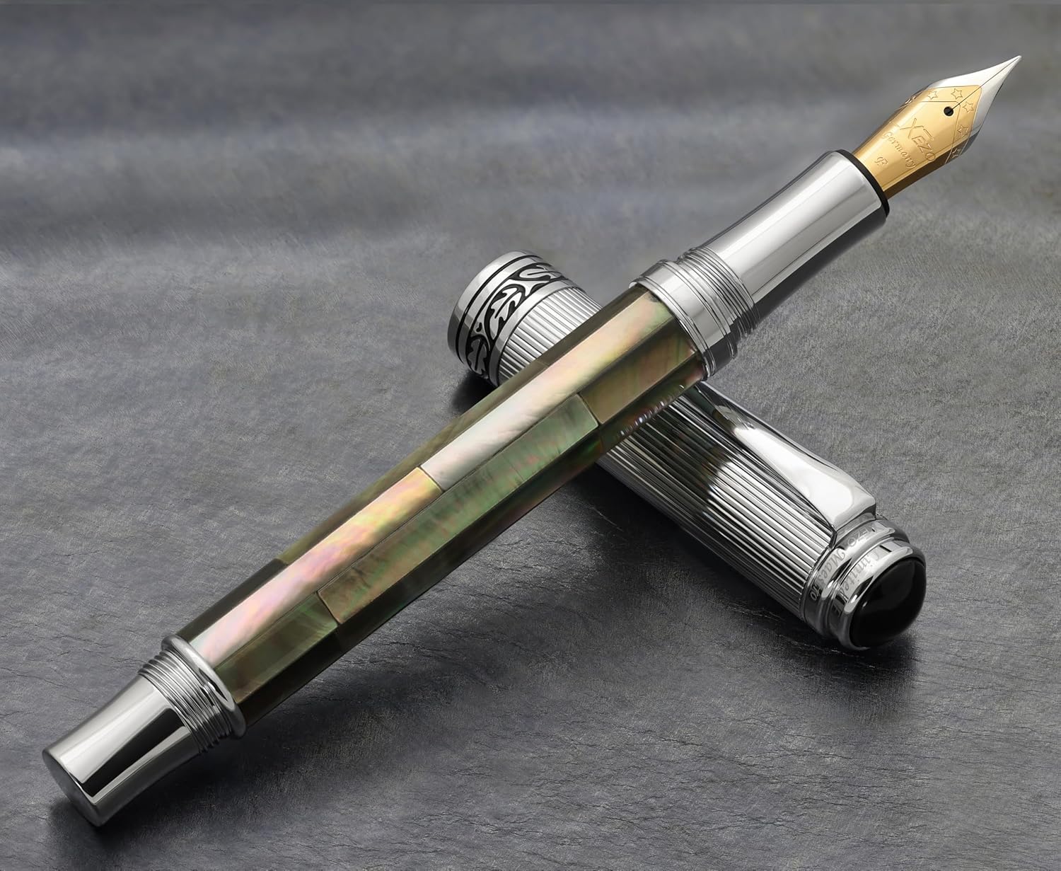 Xezo Maestro Black Mother of Pearl Fountain Pen, Fine Nib. Chrome Plated. Handmade, No Two Pens Alike