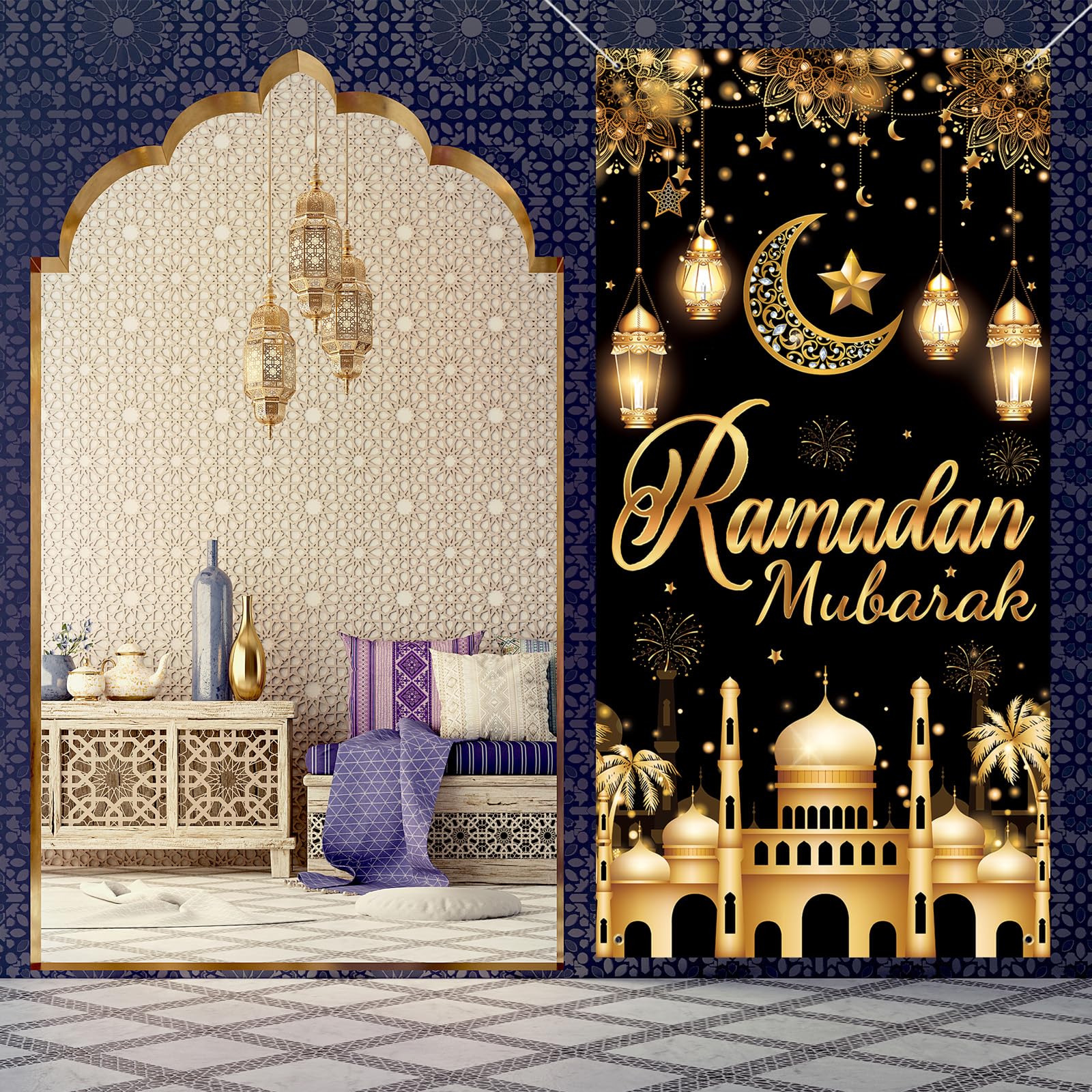 Ramadan Kareem banner zwart goud ramadan decoratie deur Eid Mubarak decoratie achtergrond voor voordeur tuin indoor outdoor islamitische feesten moslim party decoratie (RK