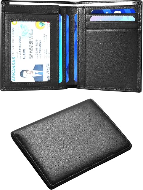 Bifold Slim Men Wallet Genuine Leather Thin, RFID Blocking Wallets for Men with ID Window (Black)